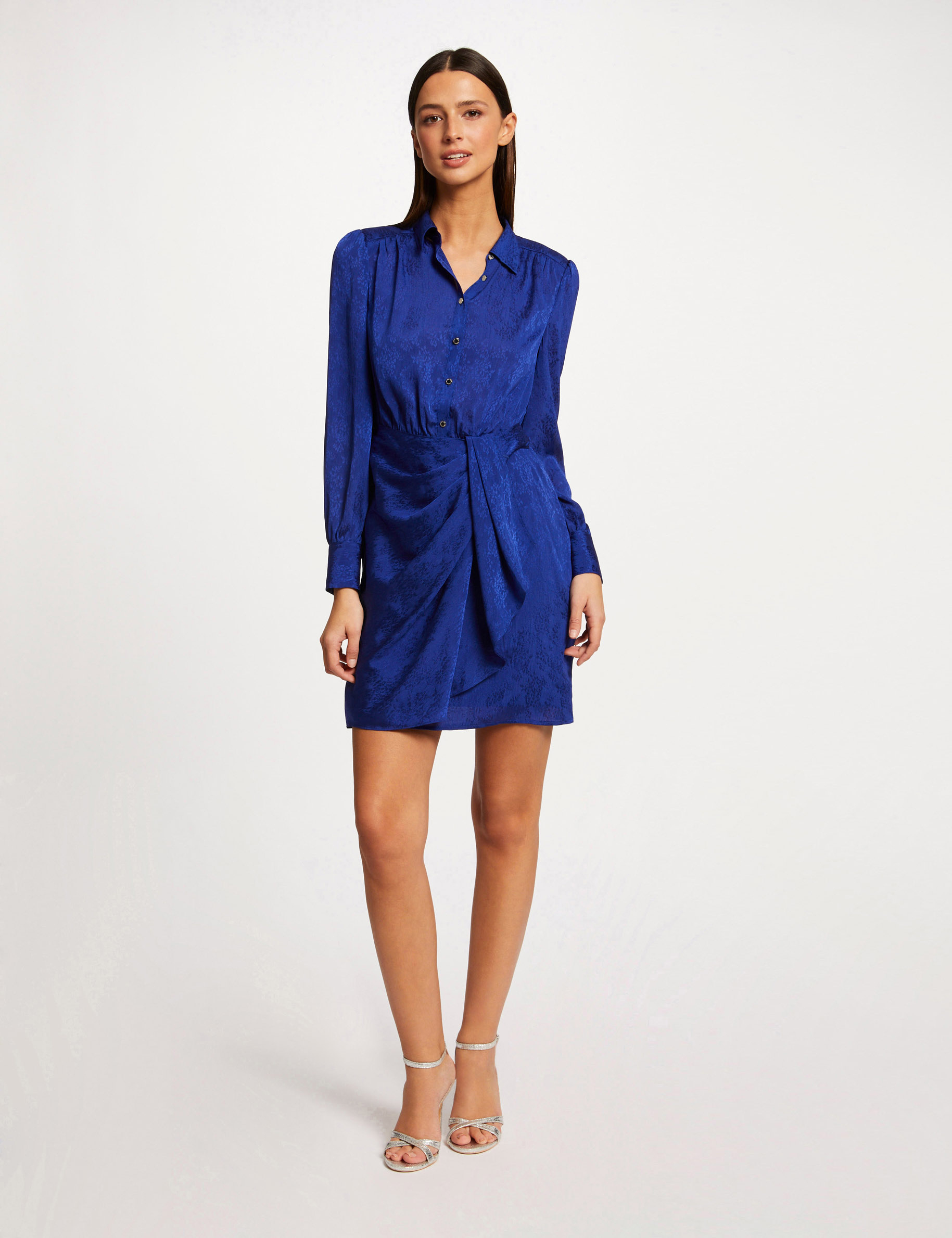 Printed satin draped straight dress electric blue ladies'