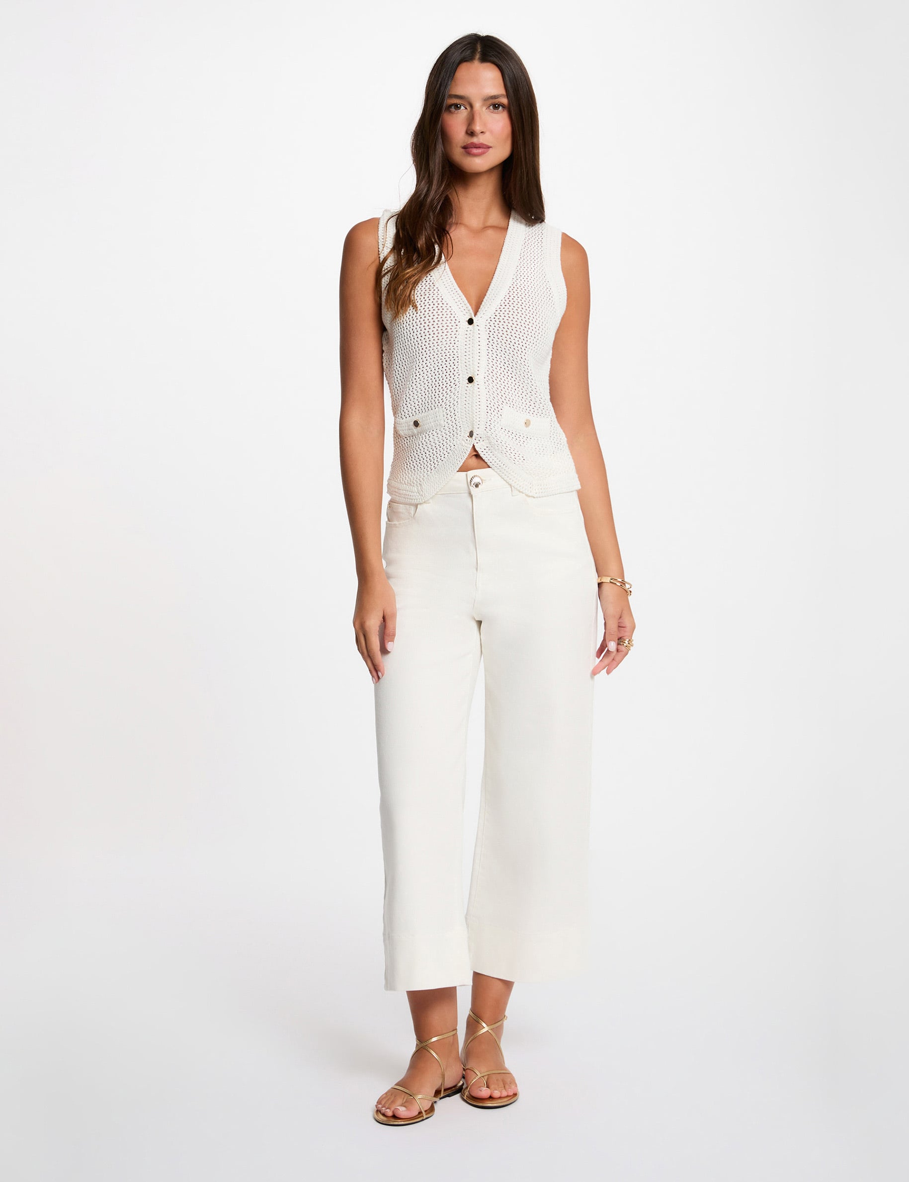 Sleeveless openwork cardigan white women