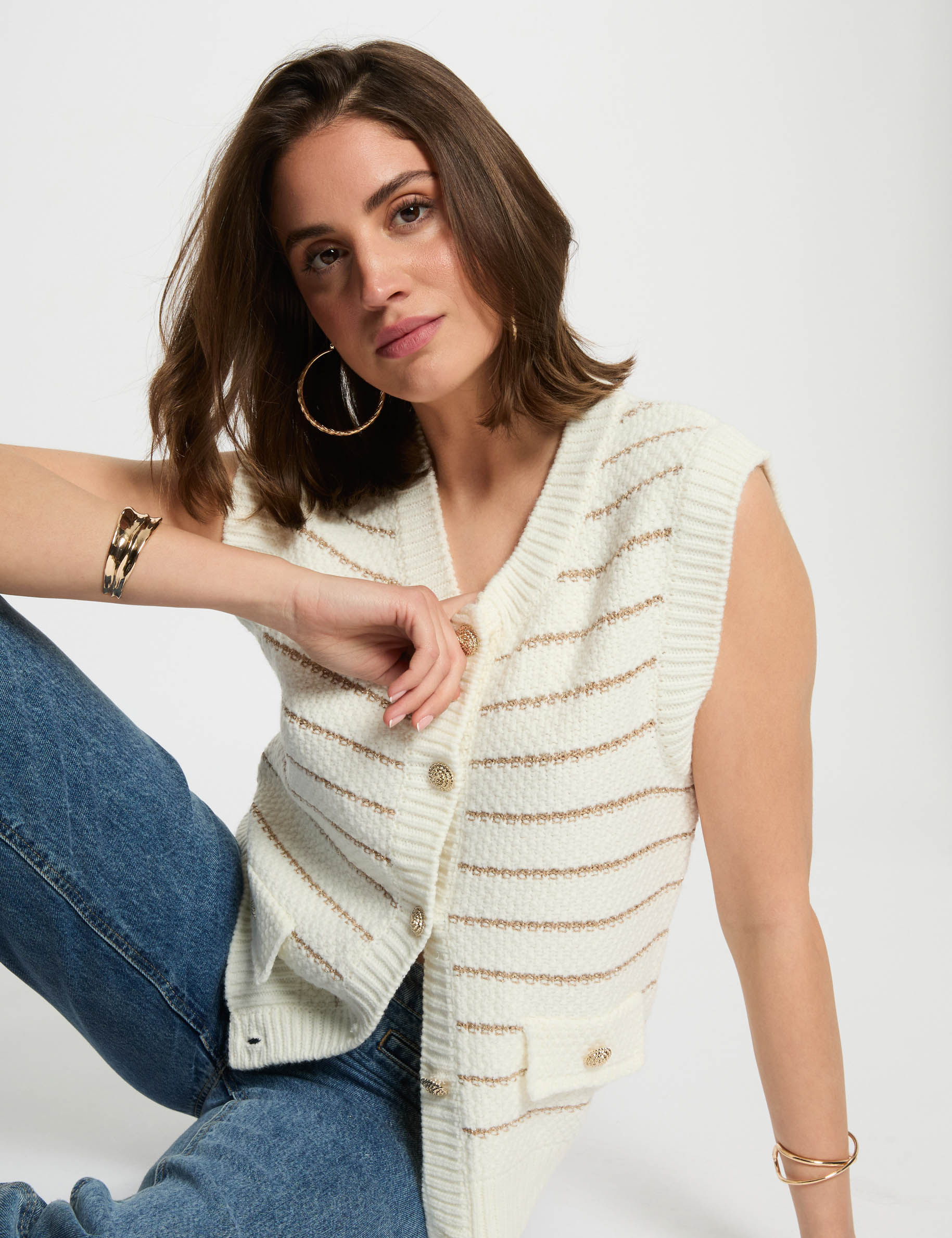 striped sleeveless cardigan beige women Striped sleeveless cardigan beige women