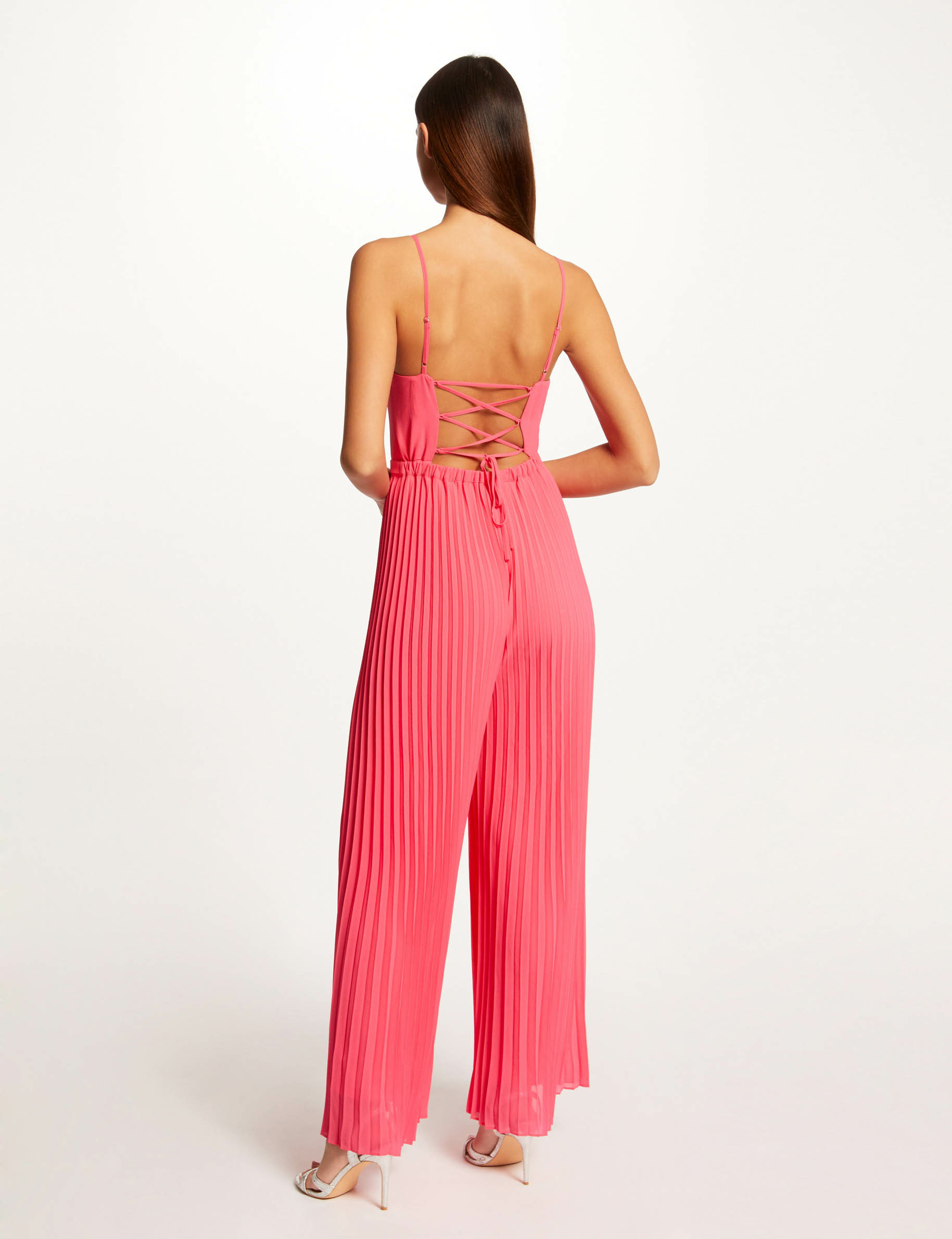 Wide leg pleated jumpsuit with open back pink ladies' Wide leg pleated jumpsuit with open back pink ladies'