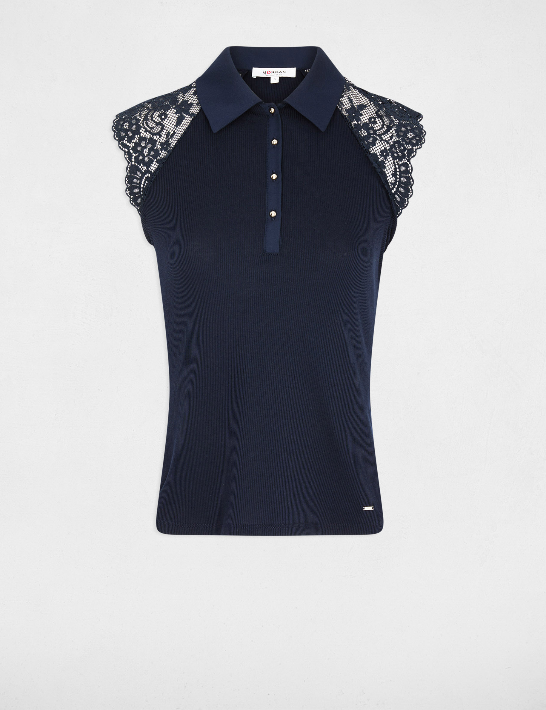 Lace t-shirt with turn-down collar navy blue women