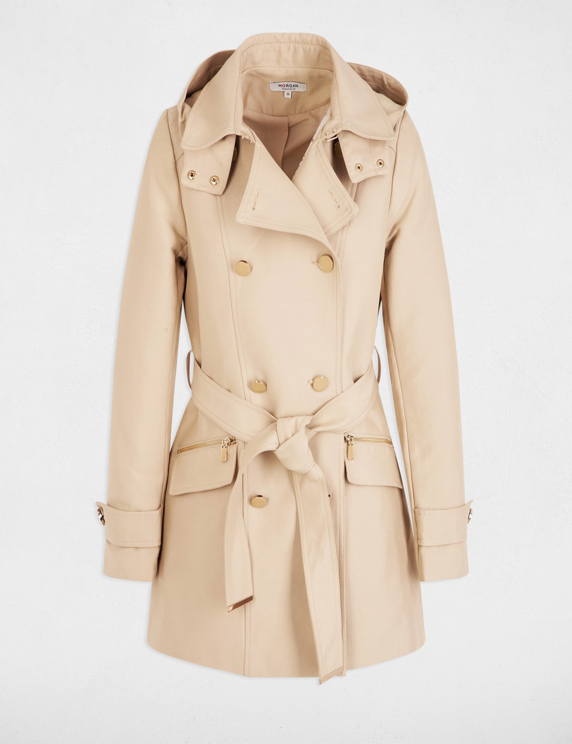 waisted belted trenchcoat with hood sand women Waisted belted trenchcoat with hood sand women