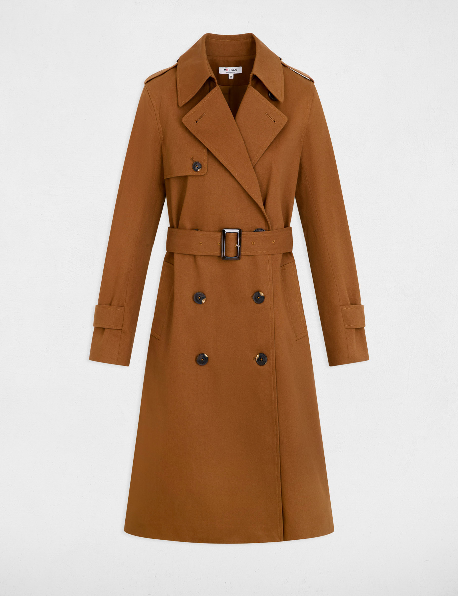 Long trench coat with tailored collar cognac brown women