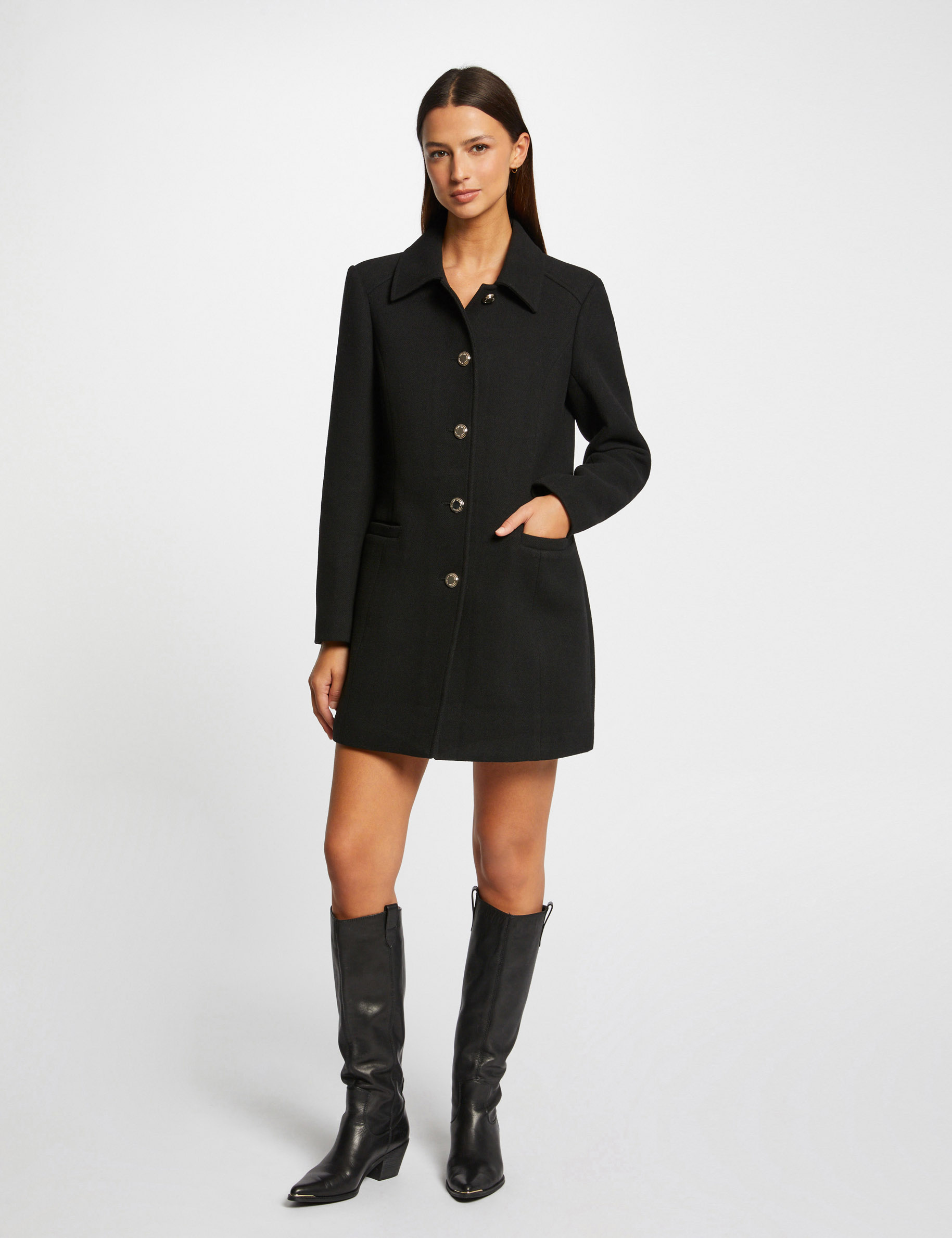 Women’s Long Statement Coat With Pleated Waist And Lantern Sleeves