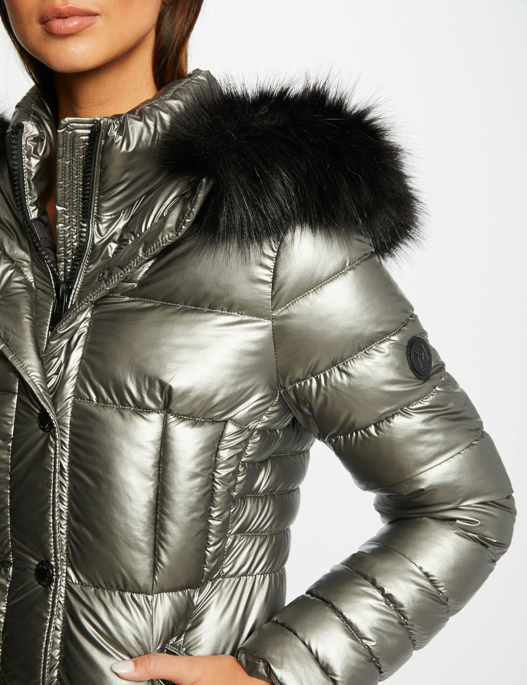 Metallised waisted padded jacket mid-grey ladies'