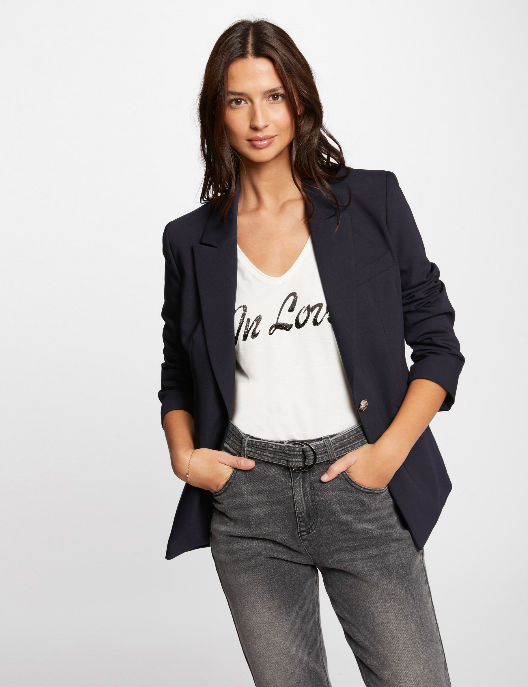 Short waisted jacket navy ladies'