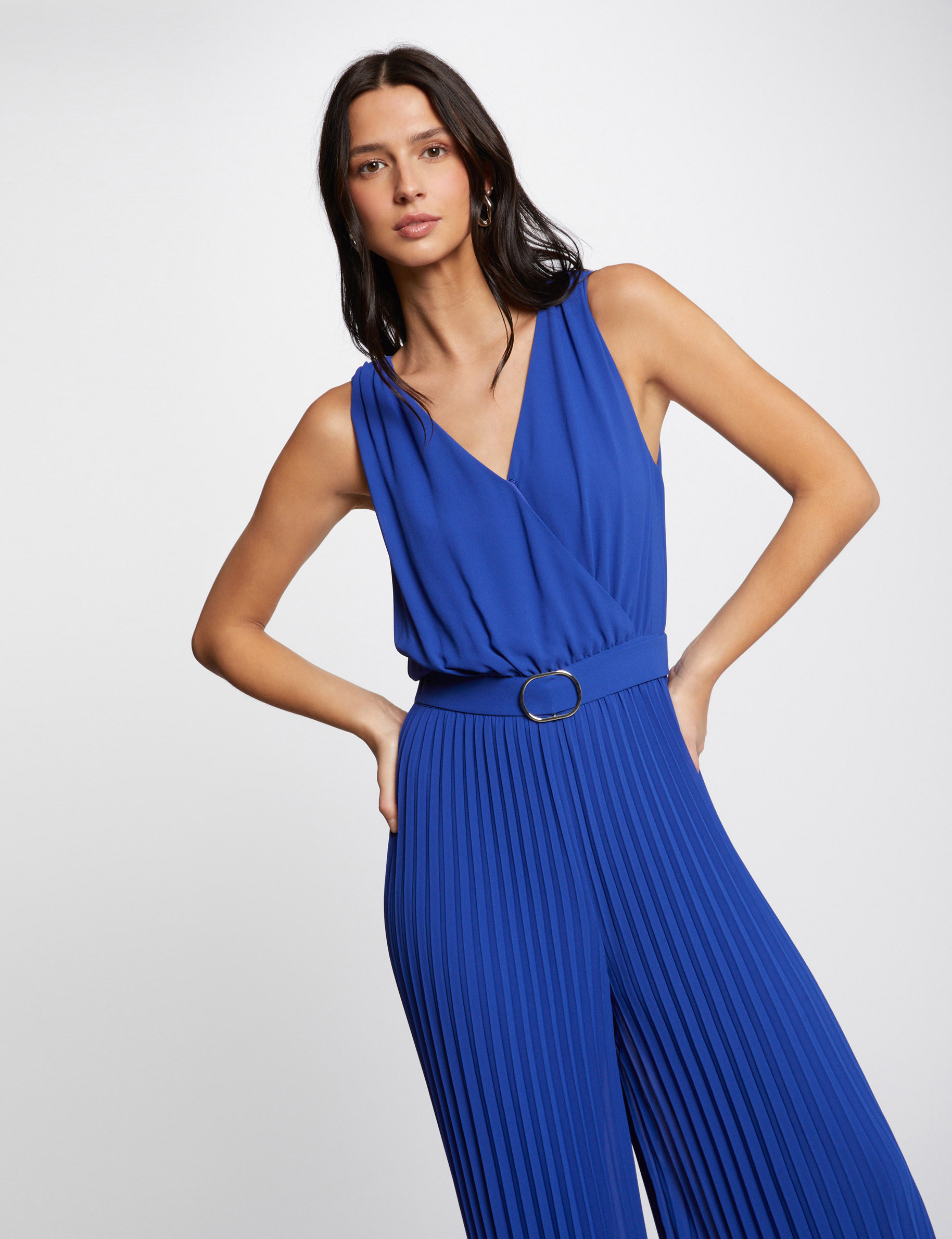 Loose jumpsuit with pleated legs electric blue women Morgan