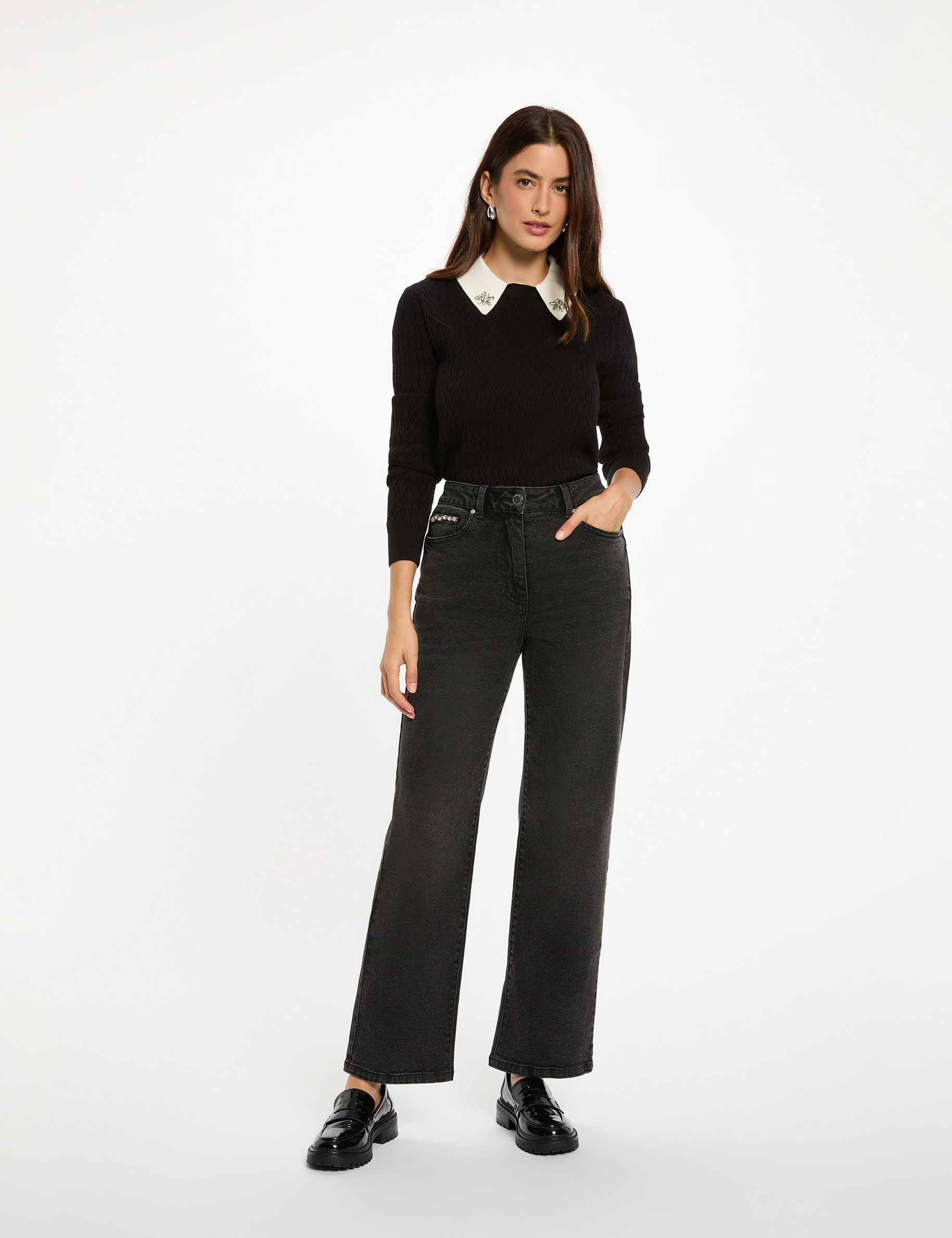 Fitted sweater with shirt collar black women