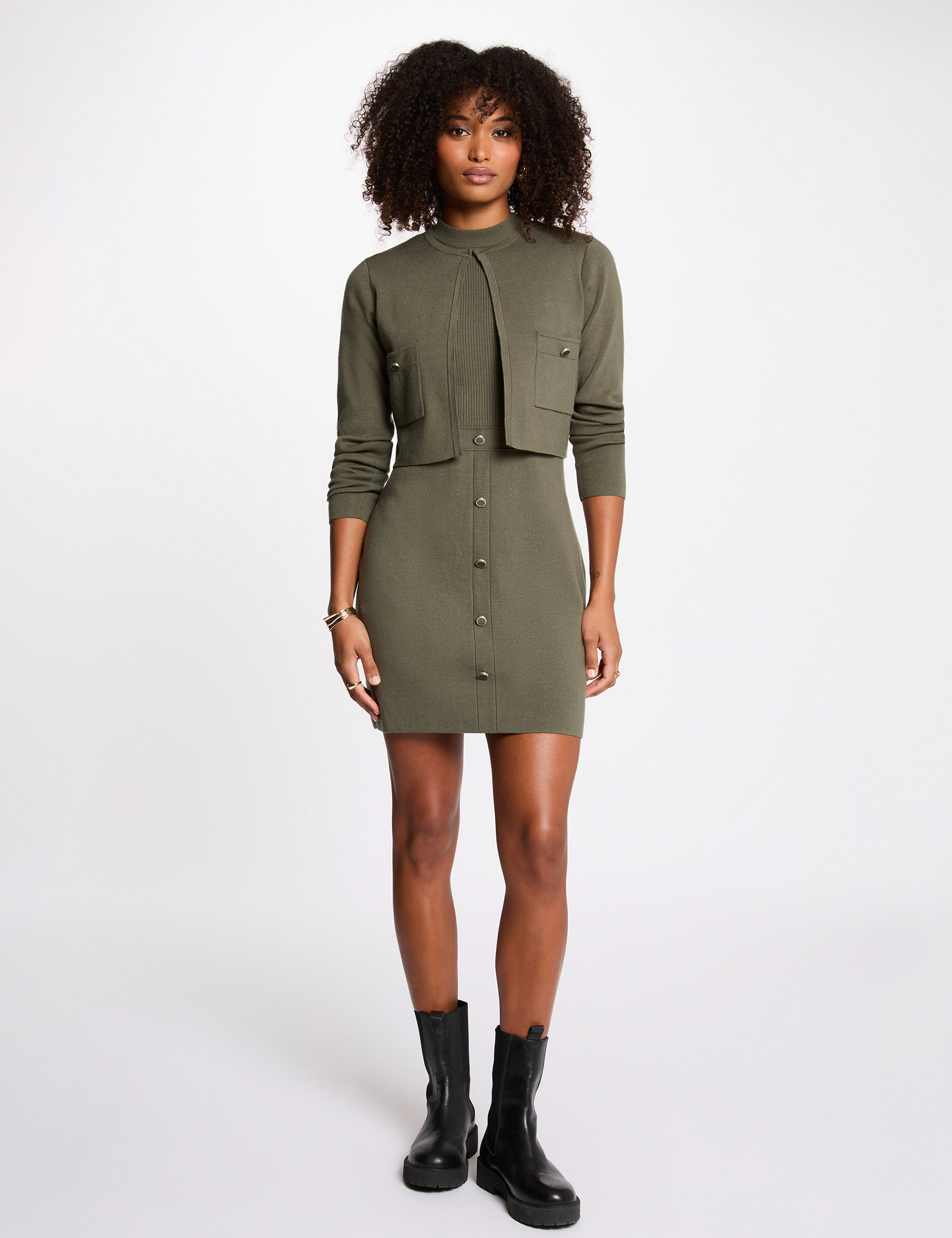 short 2 in 1 effect dress khaki green women Short 2-in-1 effect dress khaki green women