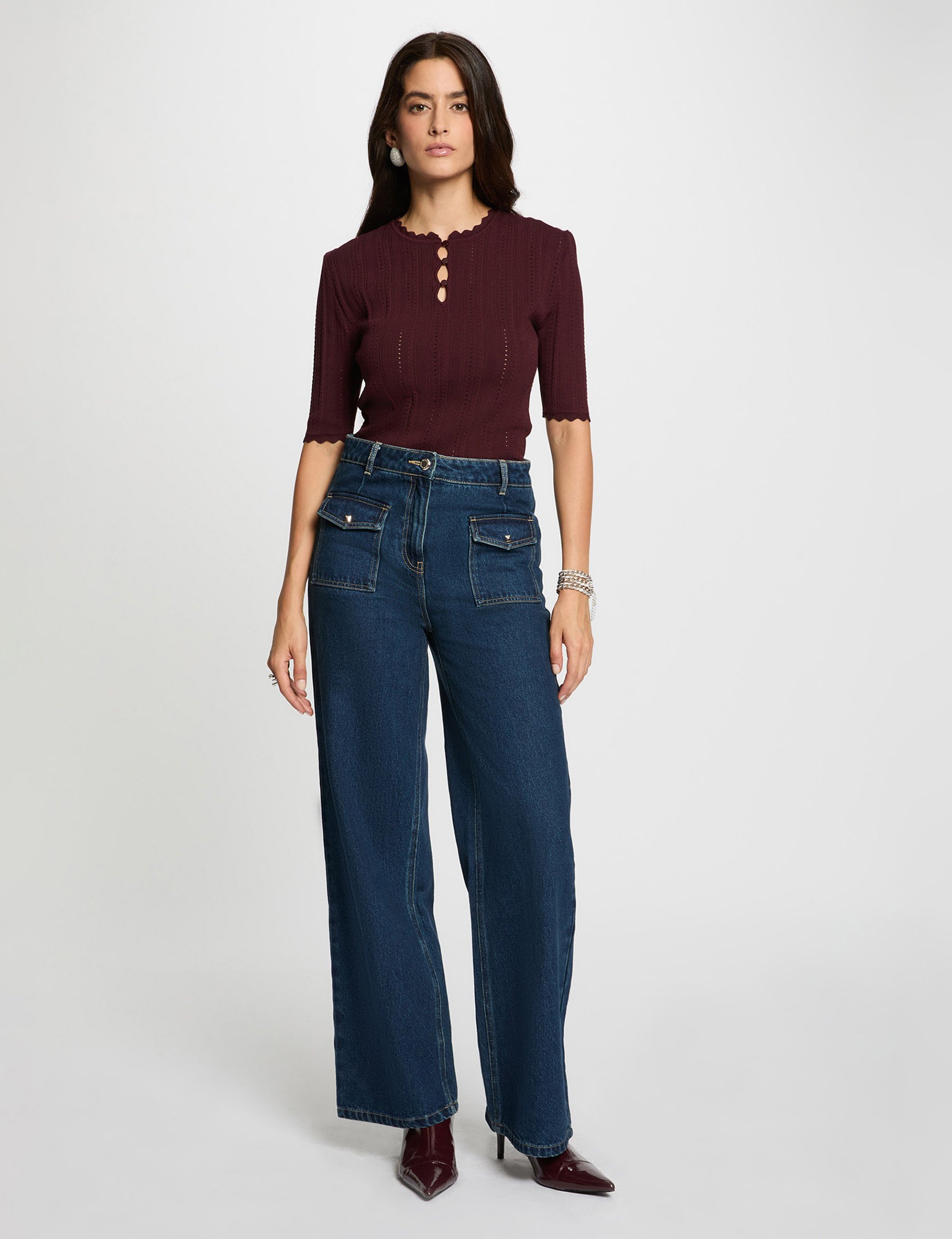 openwork sweater with 34 sleeves plum women Openwork sweater with 3/4 sleeves plum women