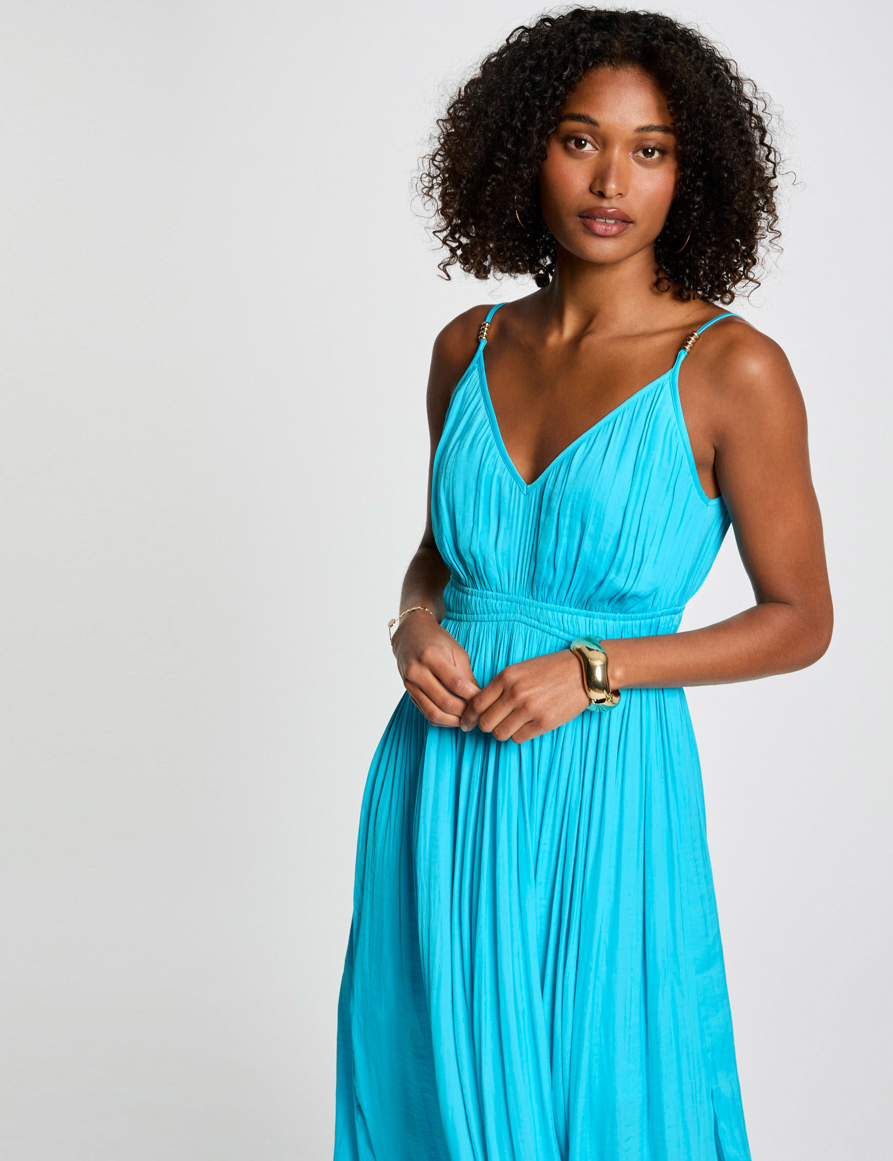 Pleated straight midi dress sky blue women