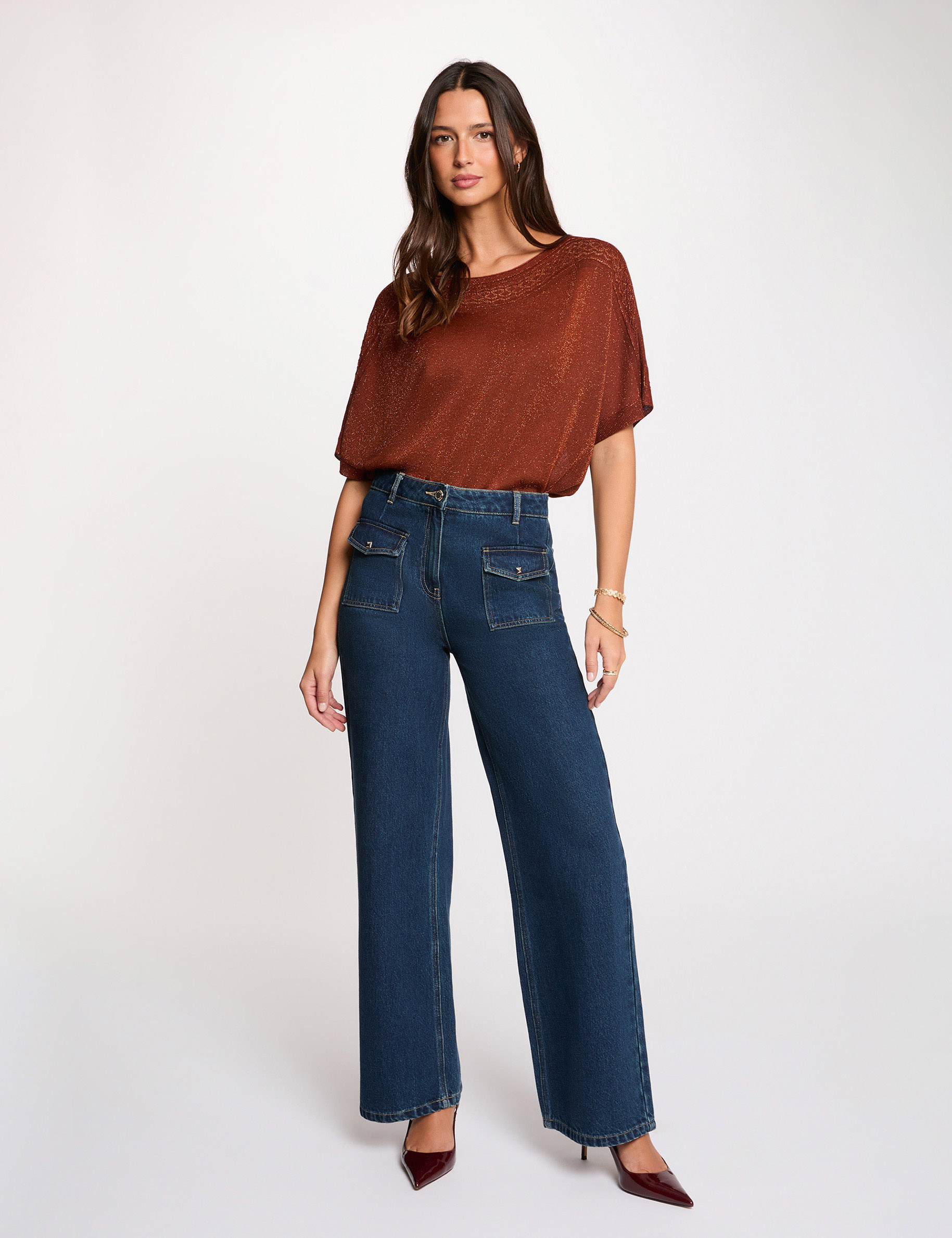 Oversized V-neck sweater cognac brown women