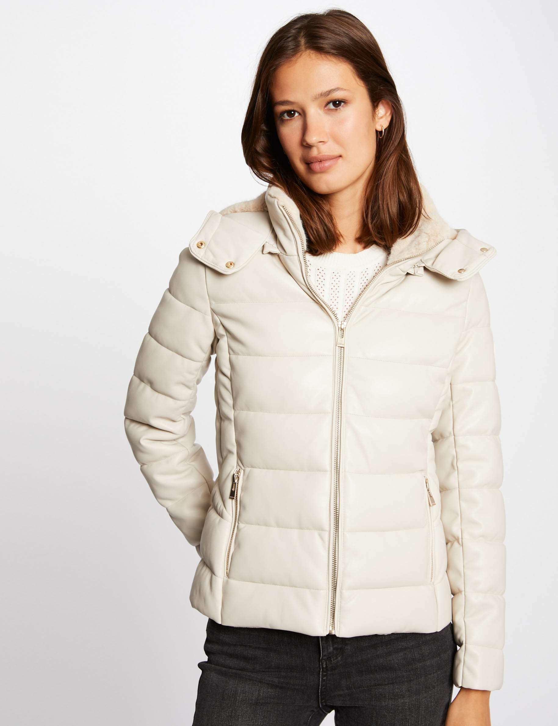 Straight padded jacket with hood ivory 