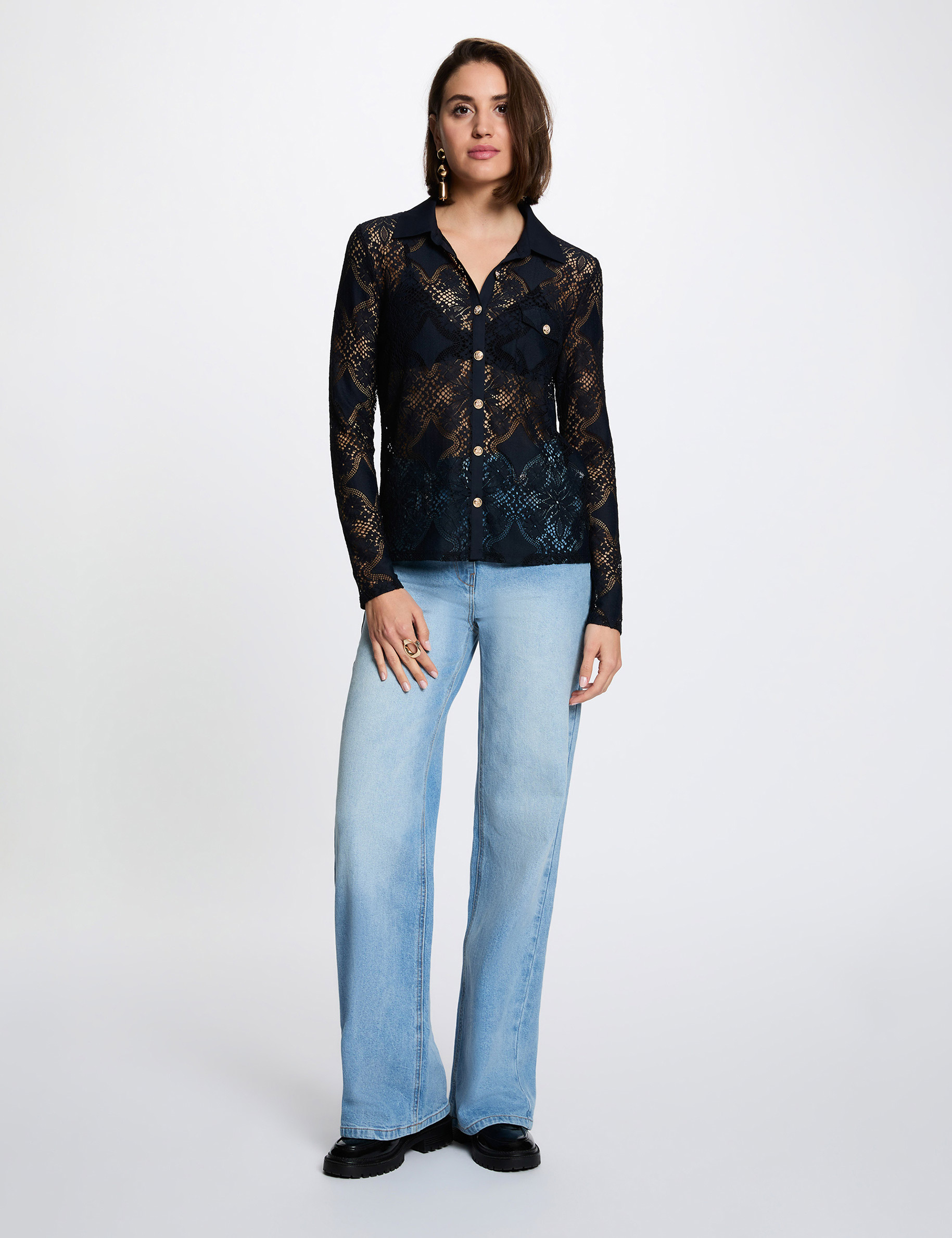 Lace shirt with a notched collar navy blue women