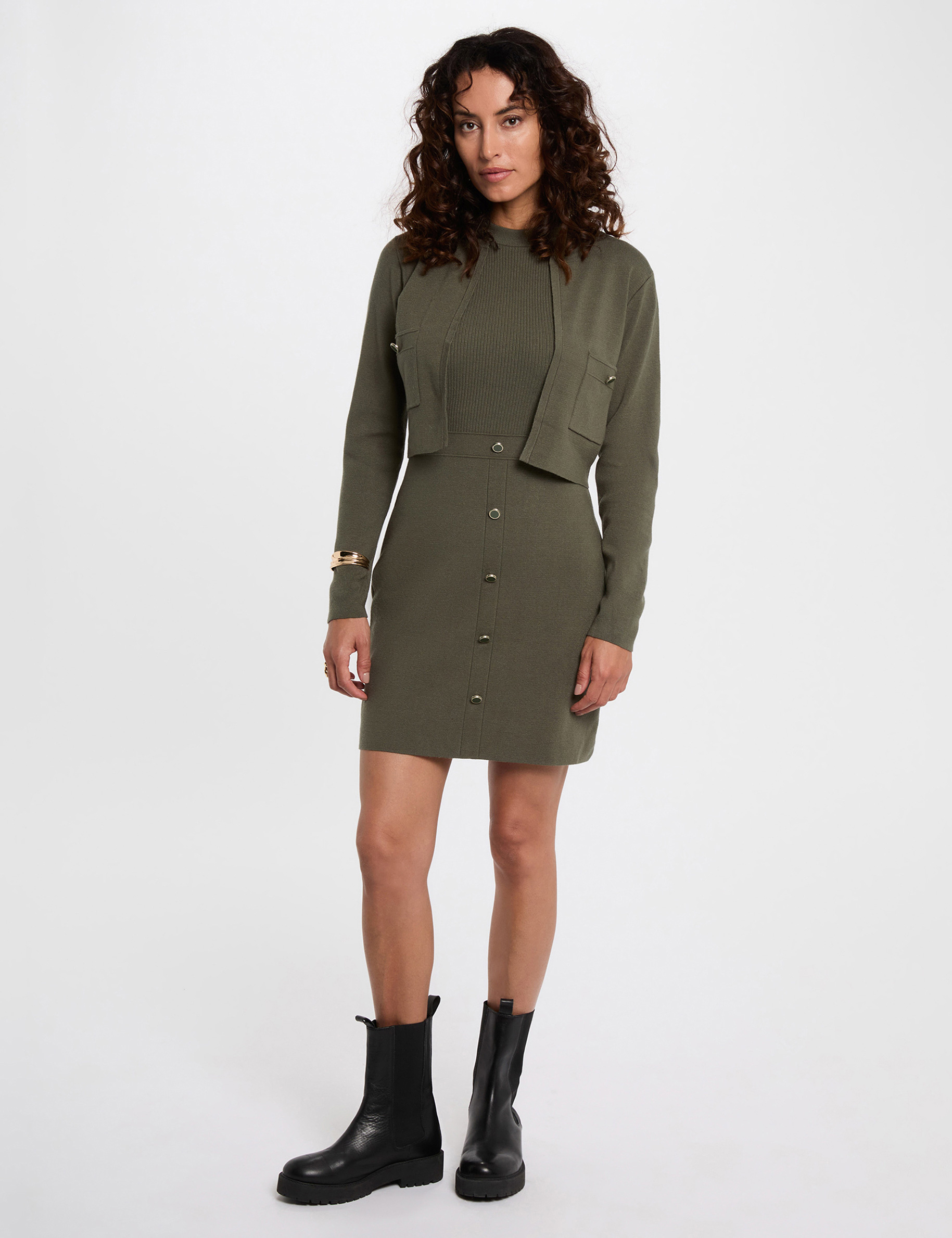 Robe courte effet 2-en-1 vert kaki femme
