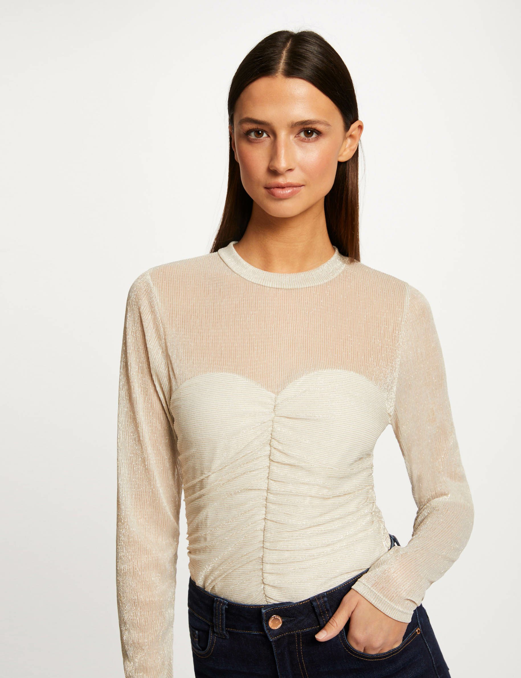 Long-sleeved t-shirt with shirring ivory ladies'