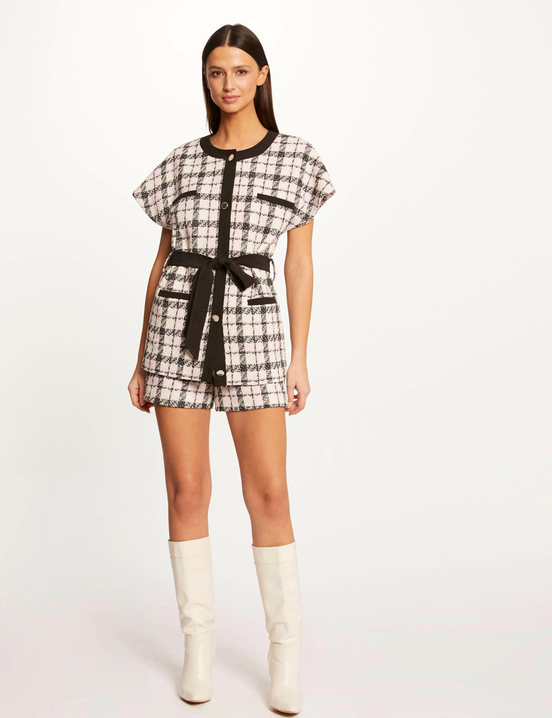 Checked straight belted jacket multico ladies' Checked straight belted jacket multico ladies'