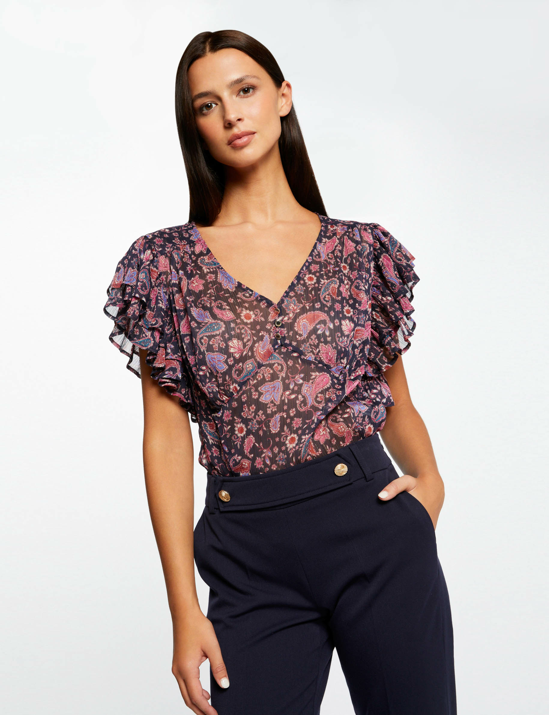 Short-sleeved blouse paisley print navy ladies'