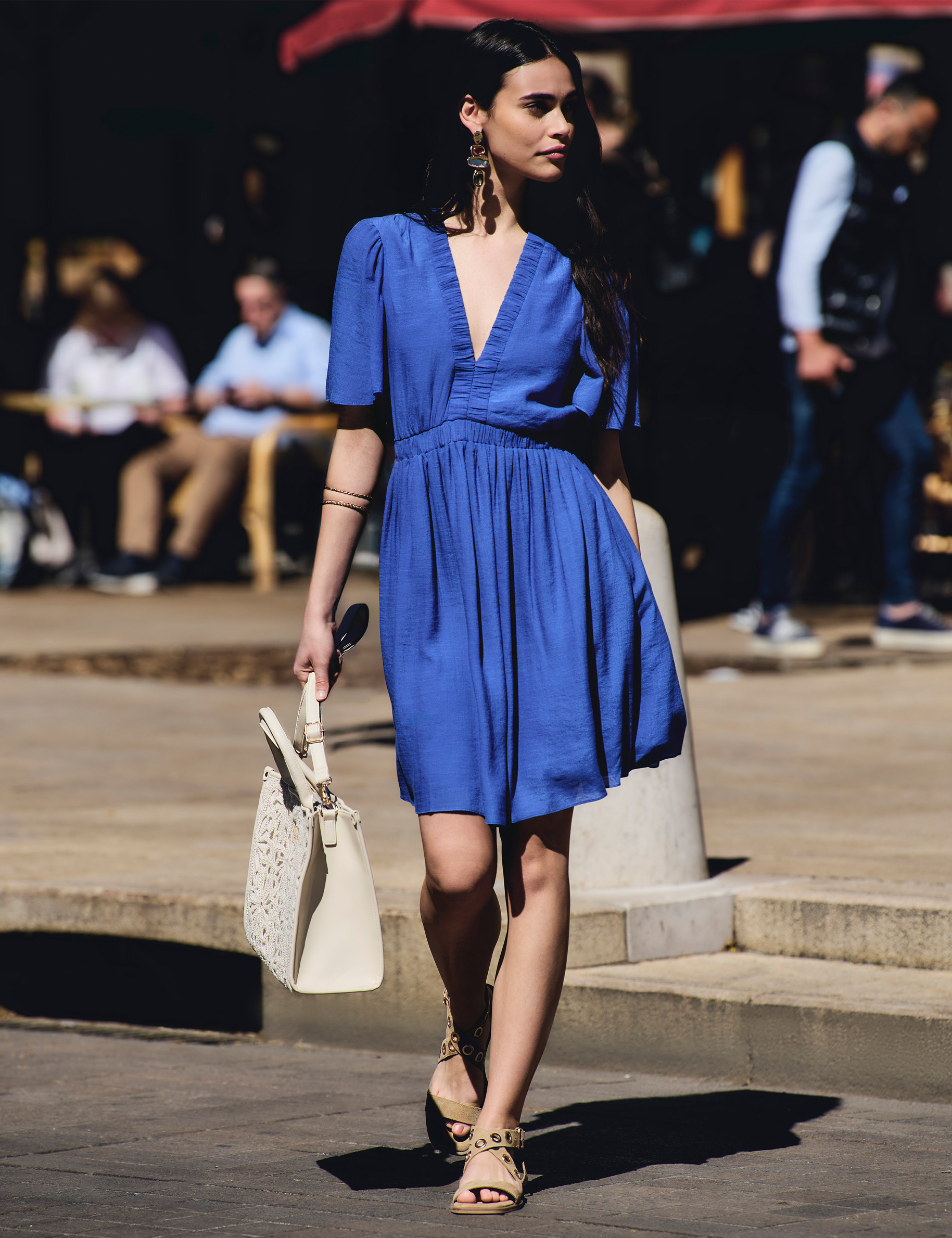 Pleated short dress blue women