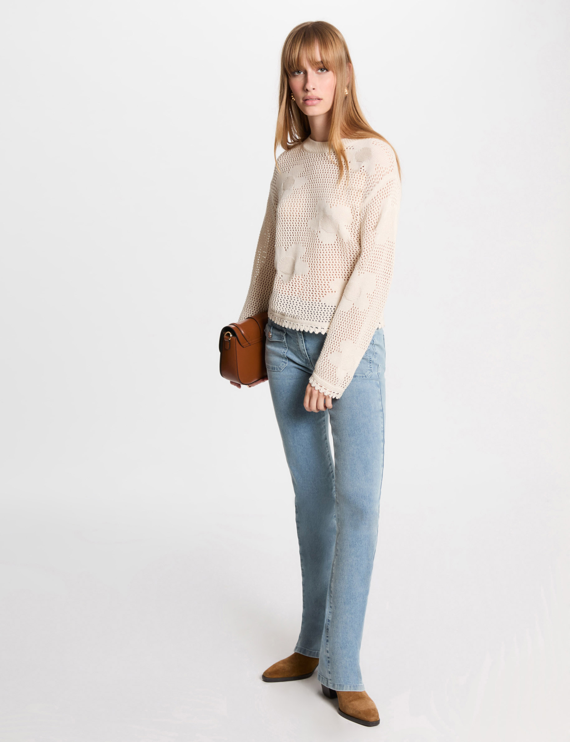 pull col rond ajoure ivoire femme Pull col rond ajouré ivoire femme