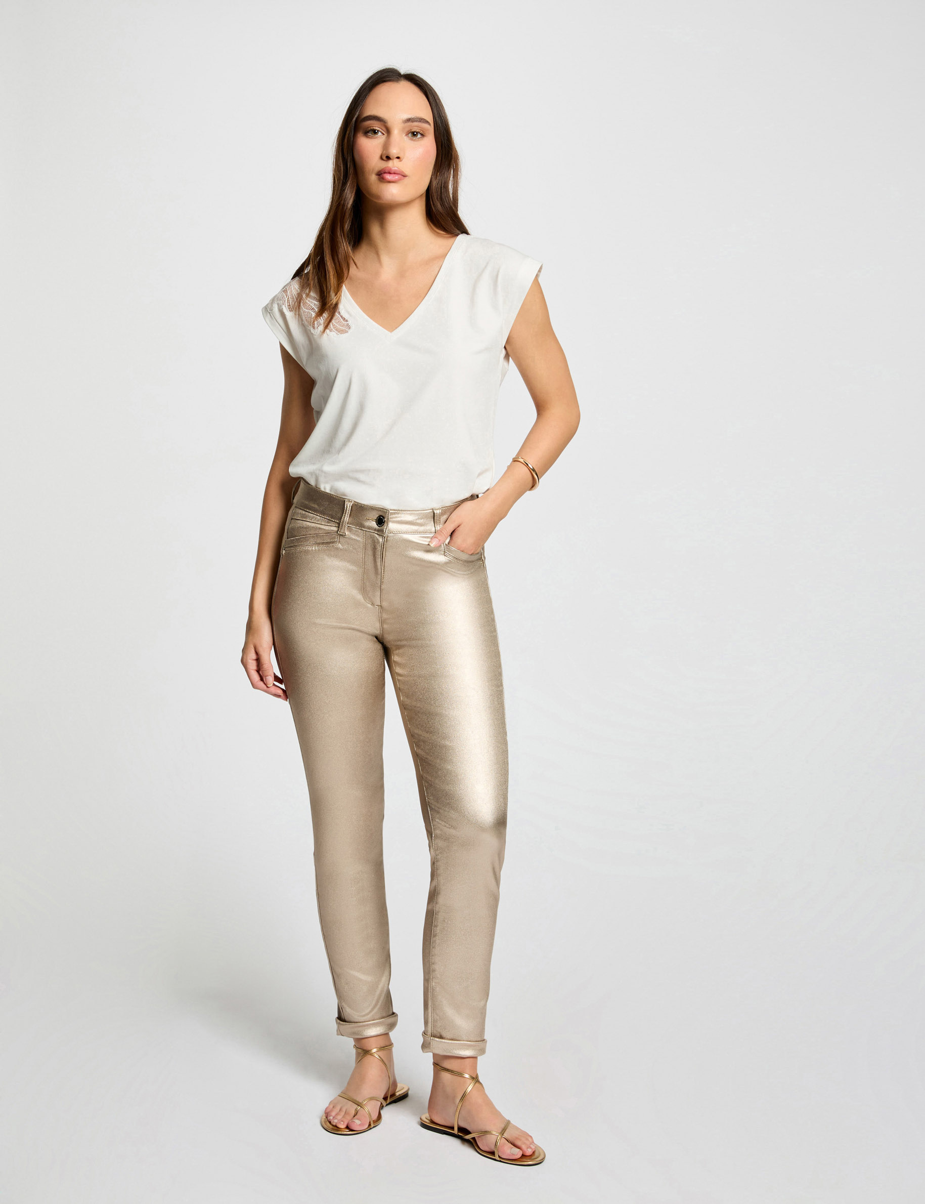 fitted trousers wet effect gold women Fitted trousers wet effect gold women