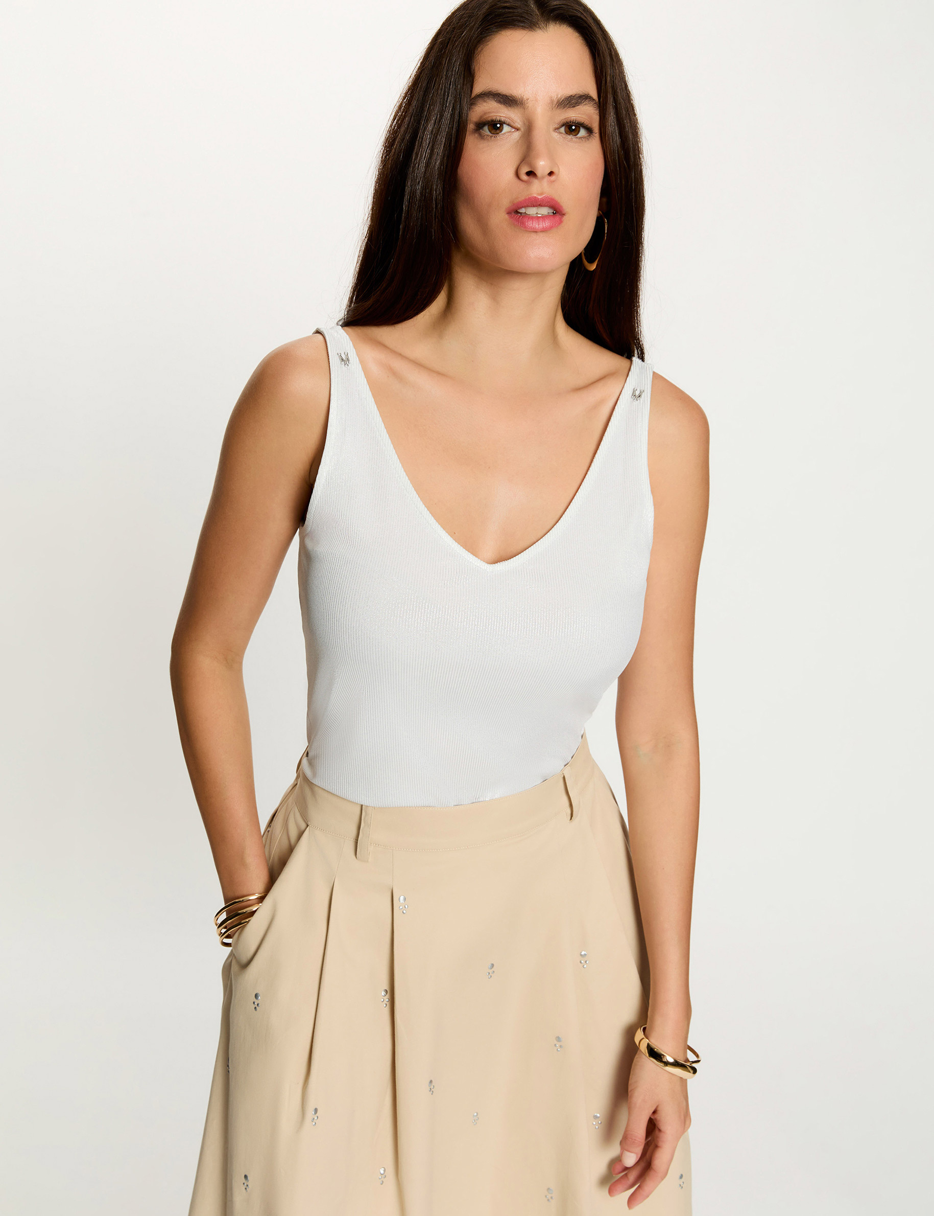 Shiny V-neck tank top white women