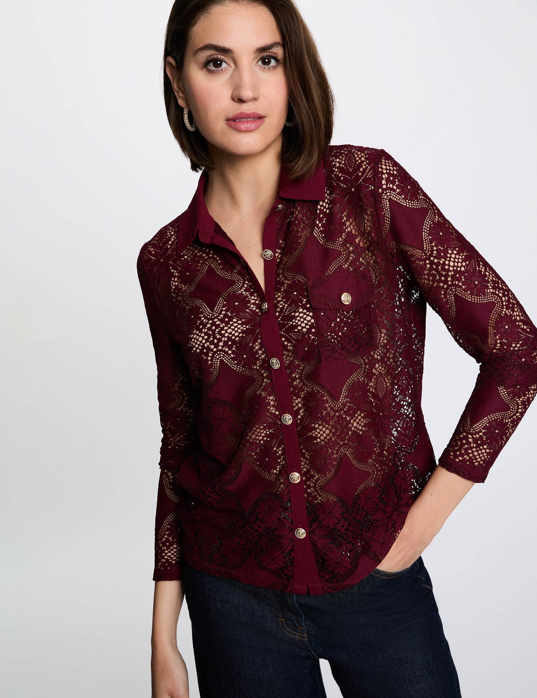 Lace shirt with a notched collar bordeaux women