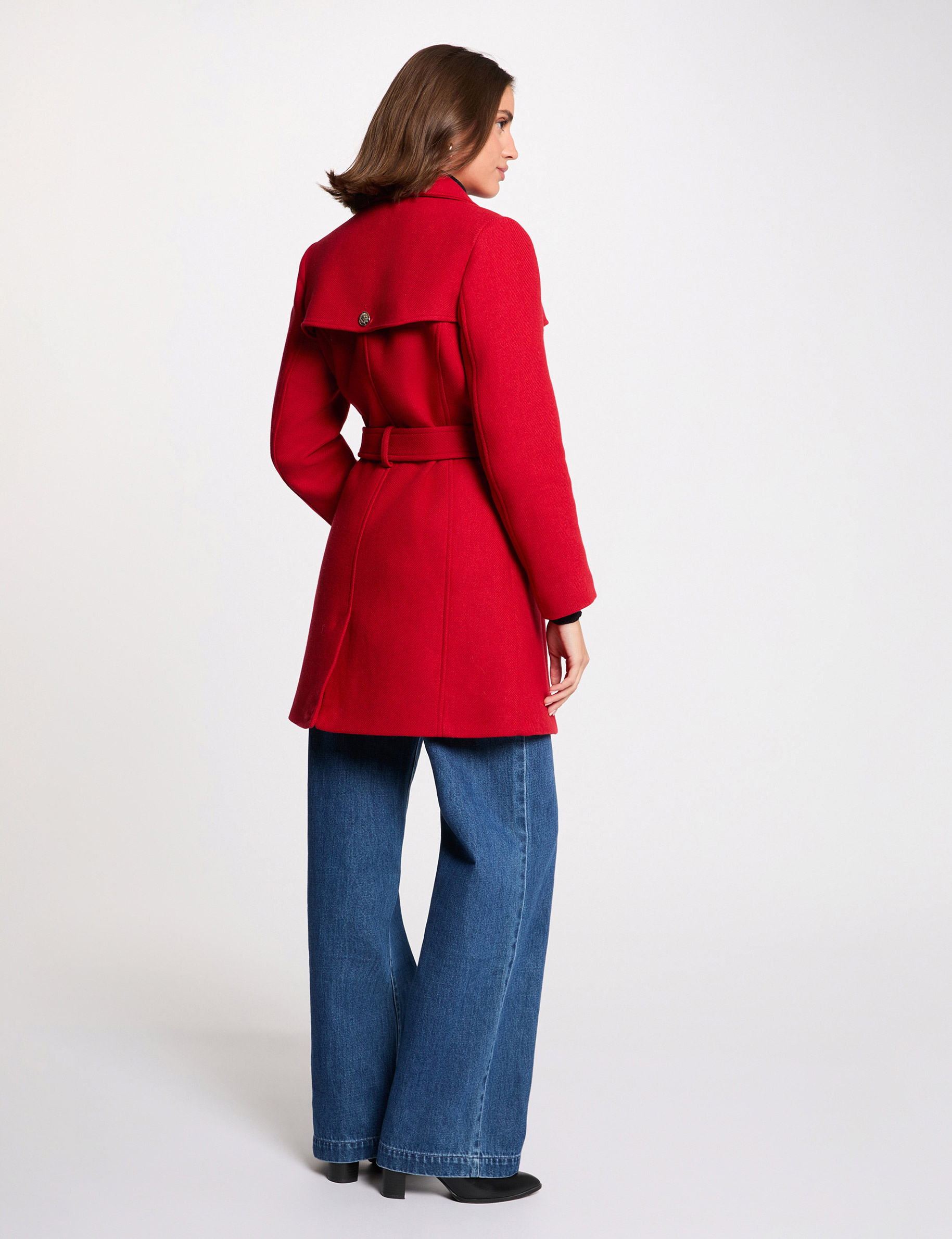 Belted long coat red women