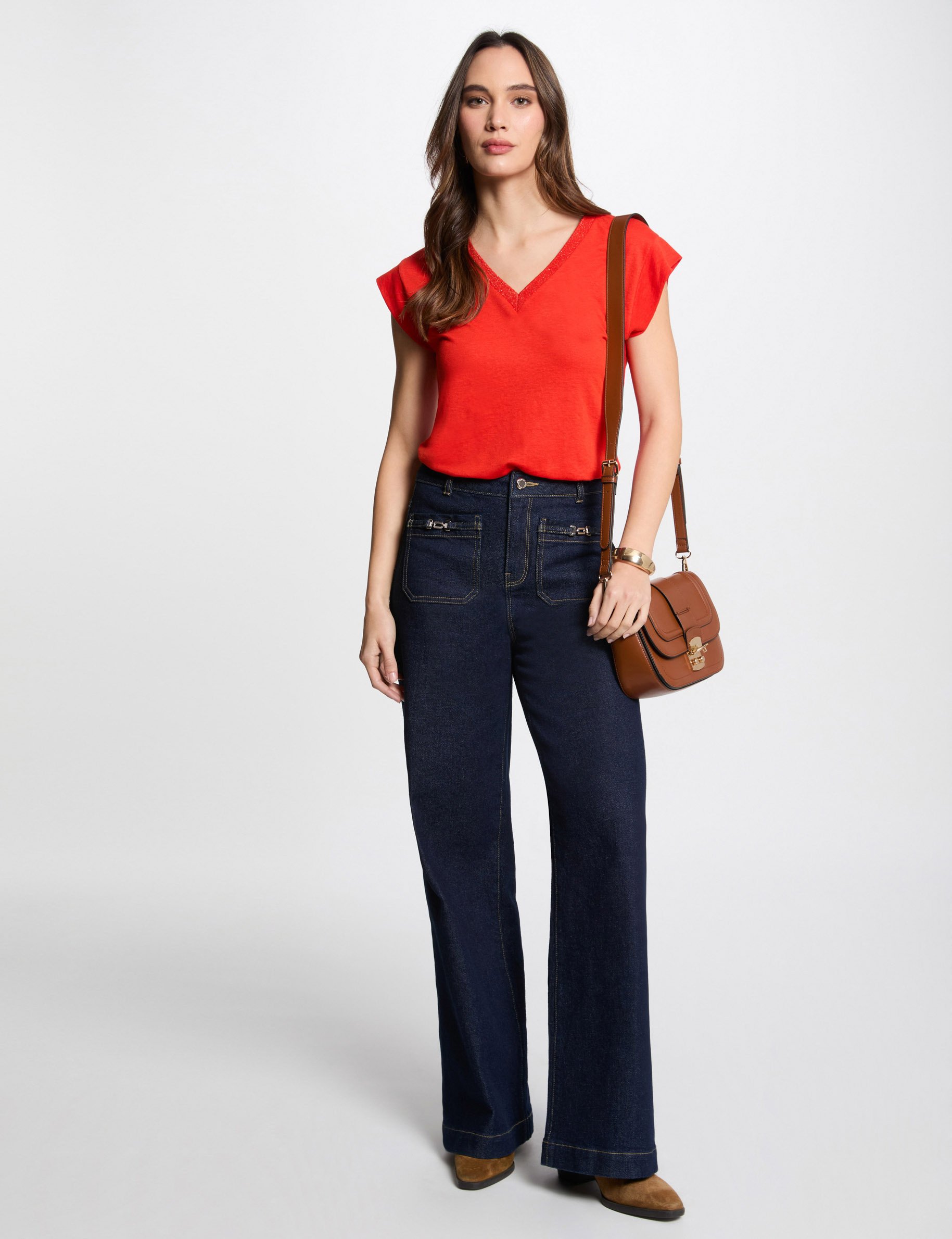 t shirt manches courtes a col en v orange femme T-shirt manches courtes à col en V orange femme