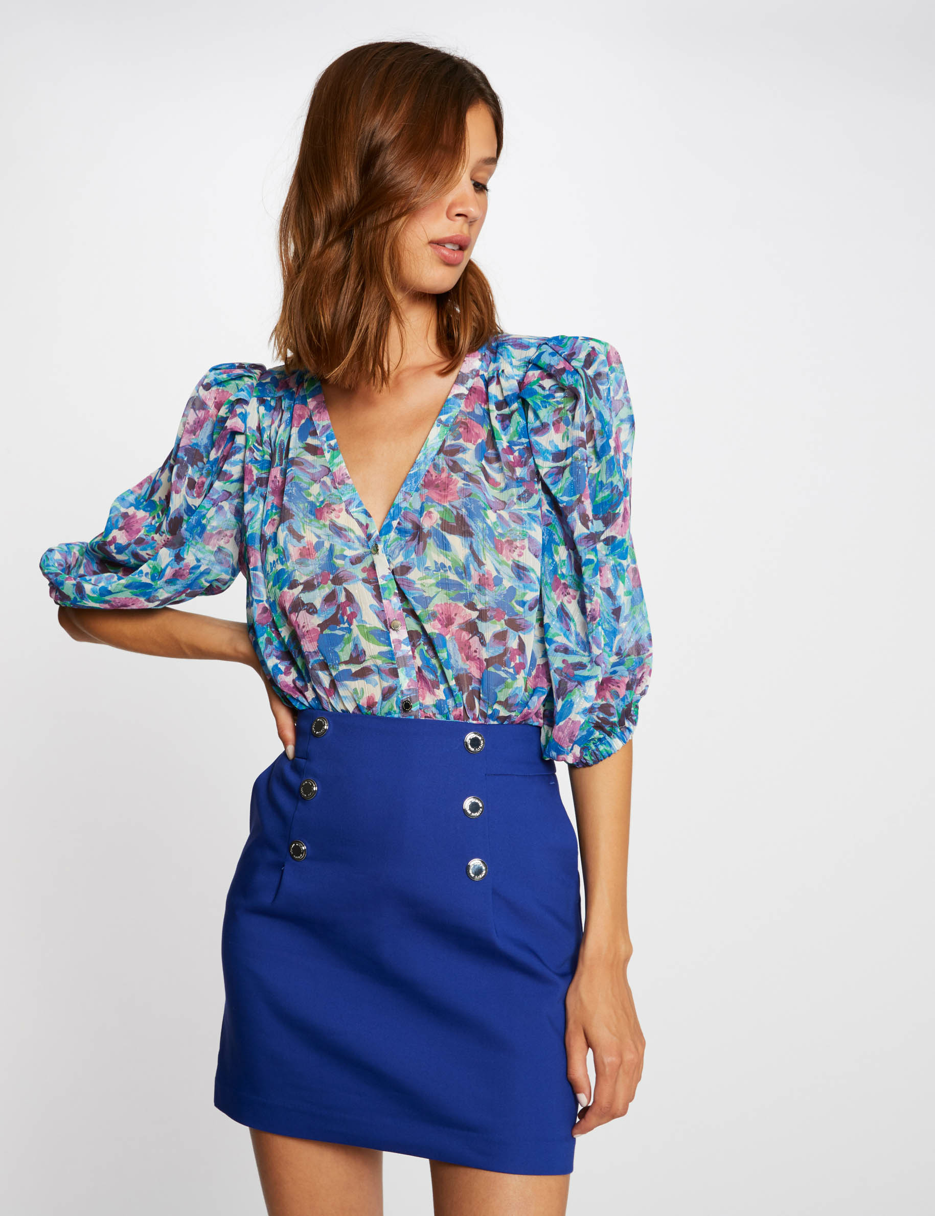 High-waisted straight skirt with buttons electric blue ladies' High-waisted straight skirt with buttons electric blue ladies'