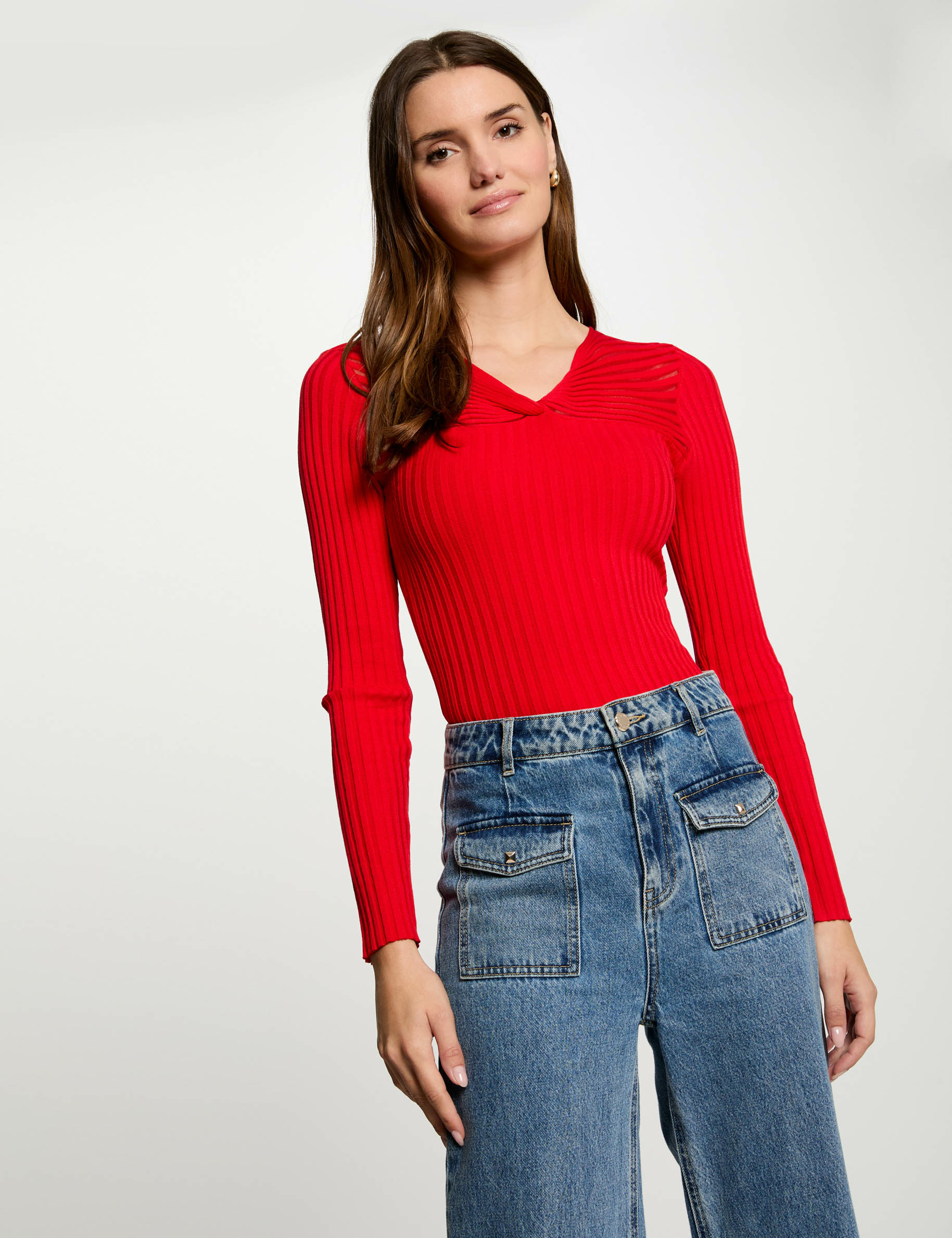 ribbed jumper with v neck red women Ribbed jumper with V-neck red women
