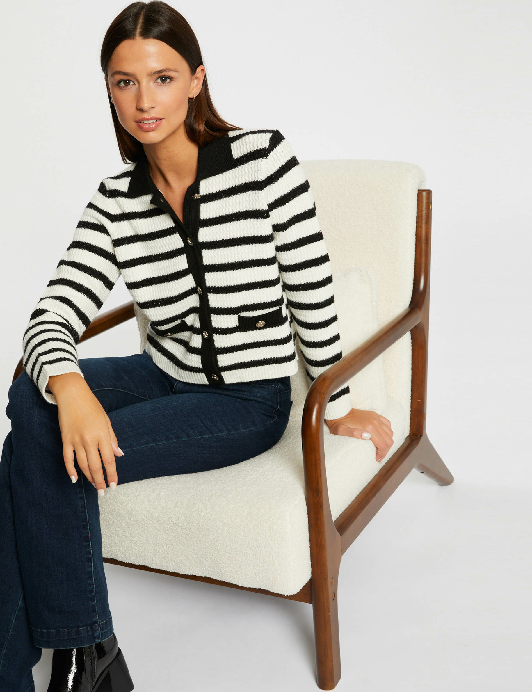 Buttoned straight cardigan with stripes ecru ladies'