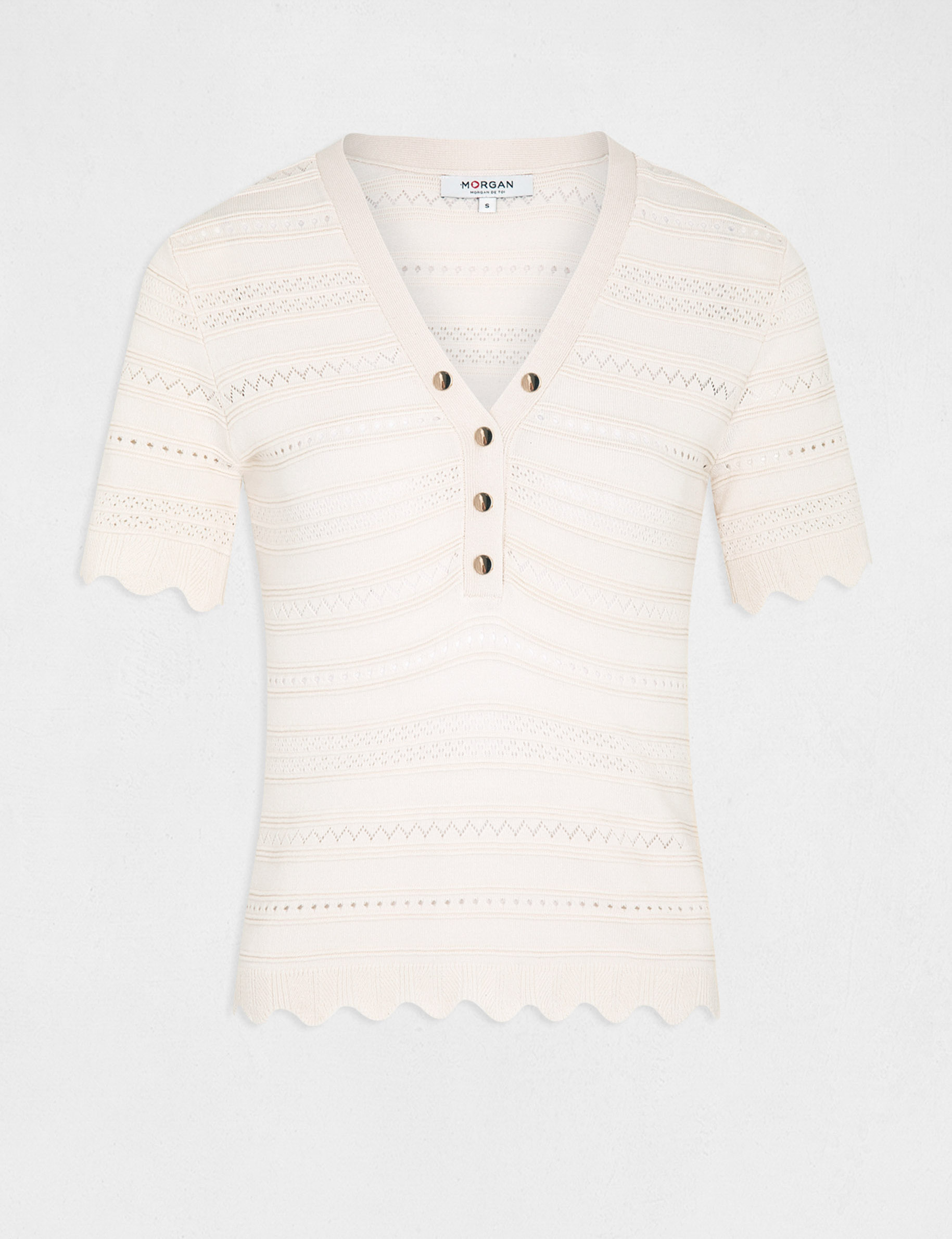 Short-sleeved jumper openwork details ivory ladies'