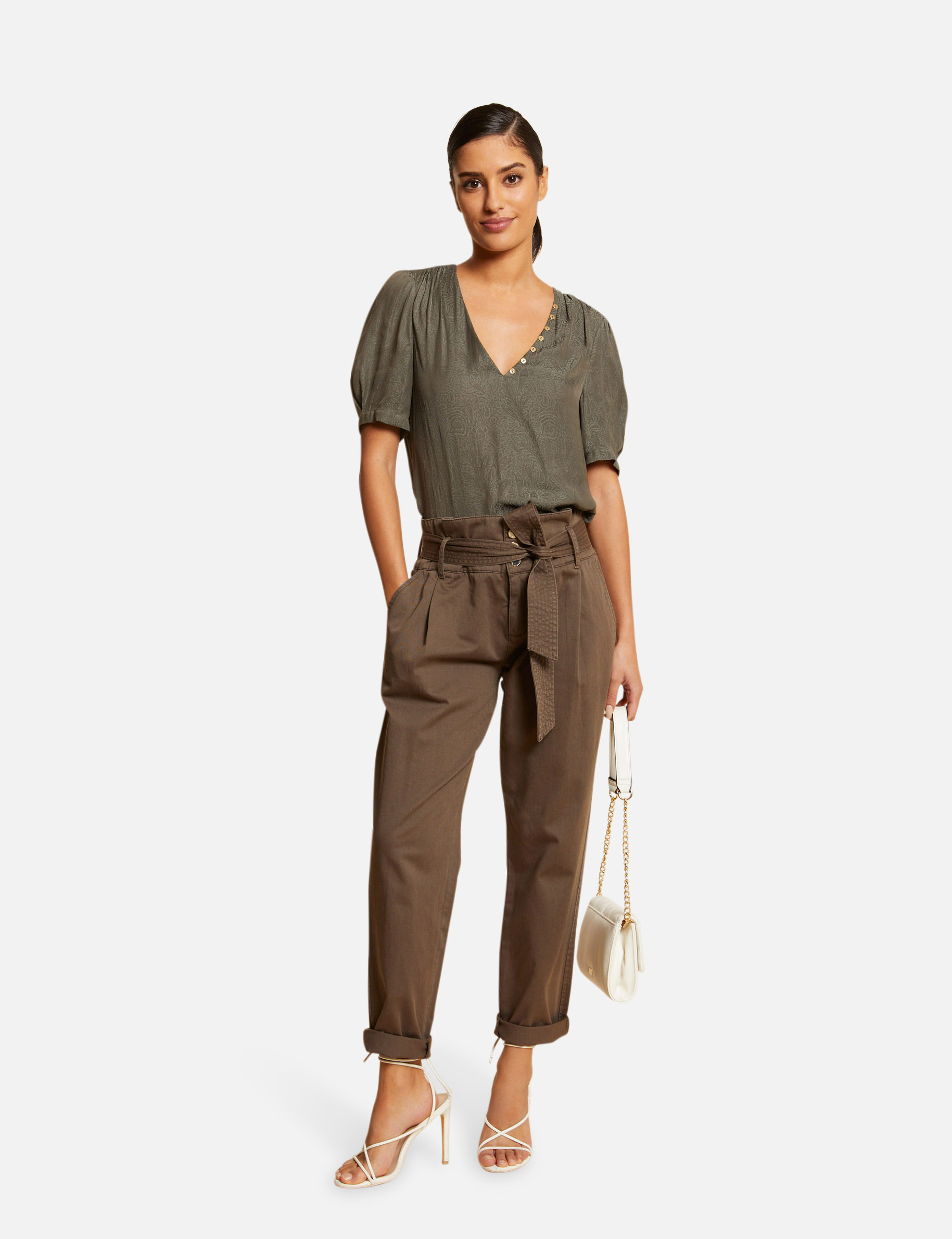 Printed short-sleeved blouse khaki green ladies'