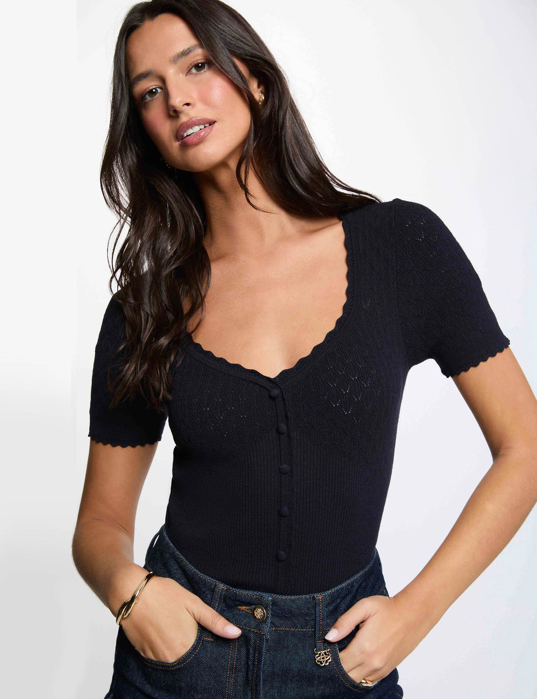 Fitted V-neck sweater navy blue women
