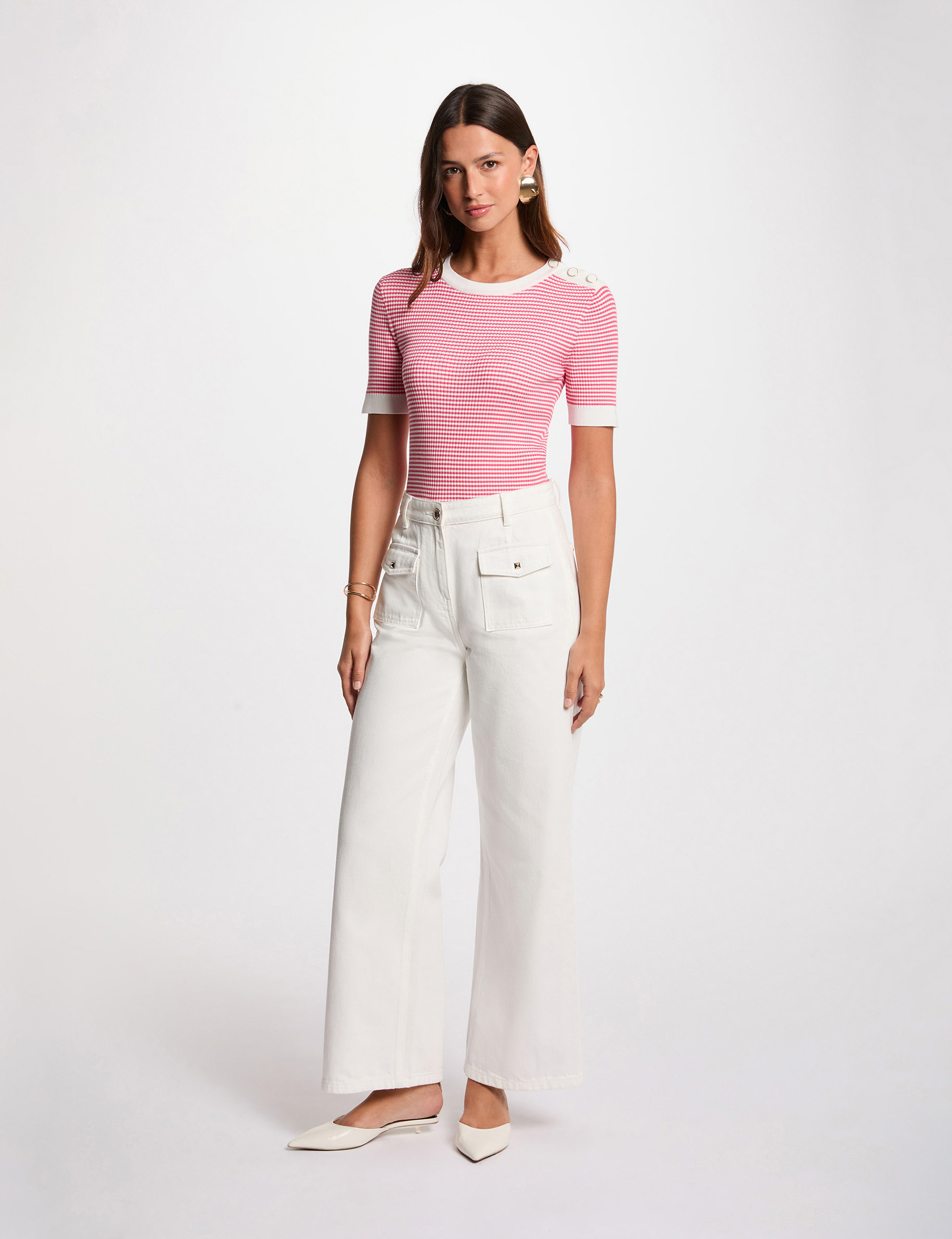 Pull col rond rayé rose fushia femme
