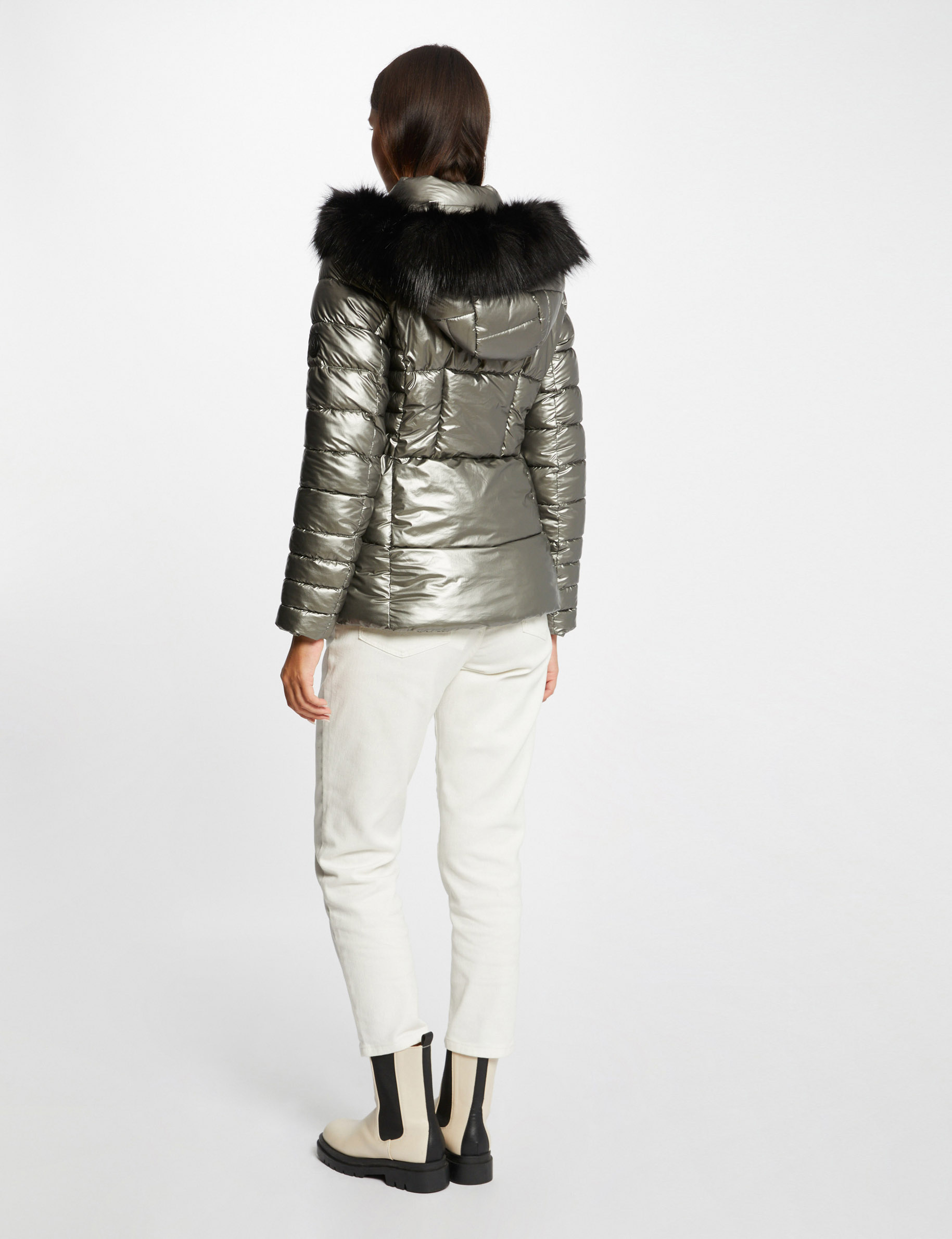 Metallised waisted padded jacket mid-grey ladies'