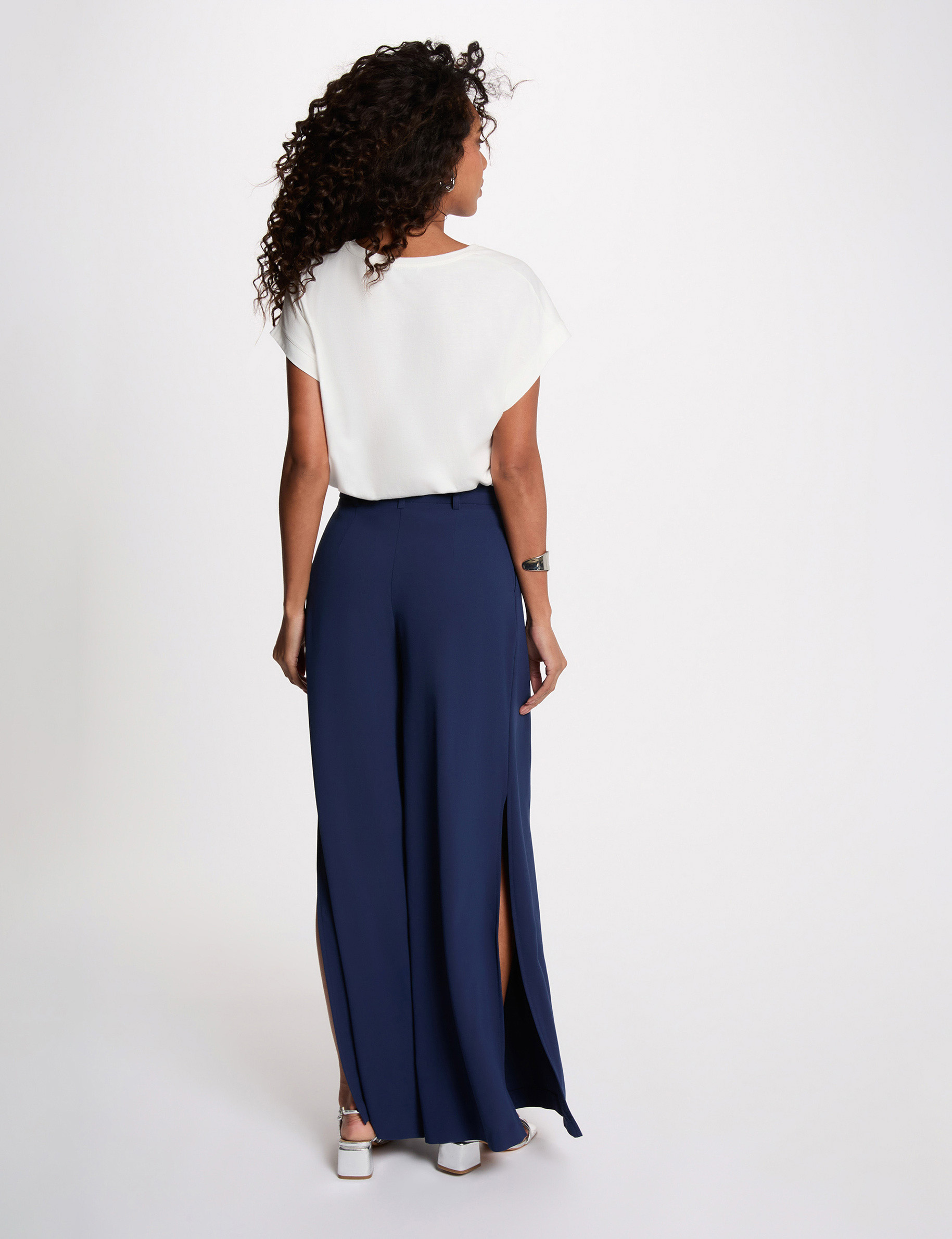 Flowy wide-leg trousers navy blue women