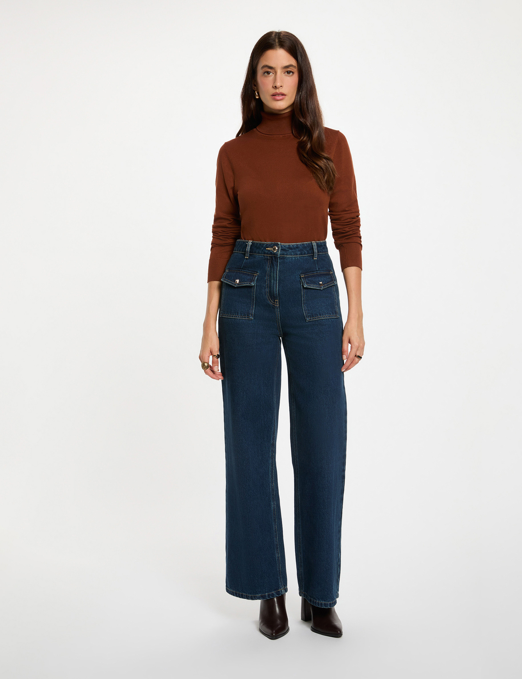 High neck sweater cognac brown women