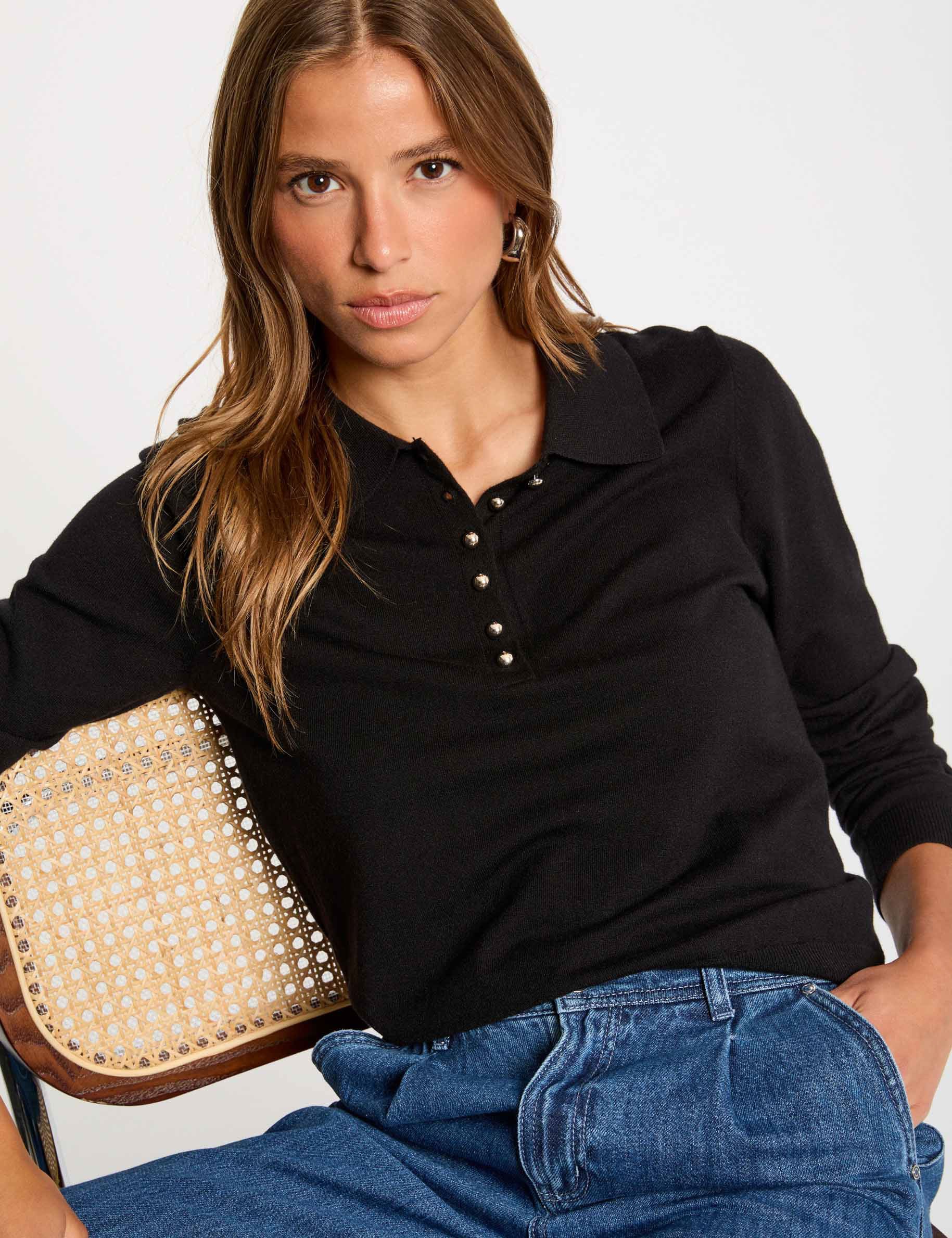 Pull col polo manches longues noir femme