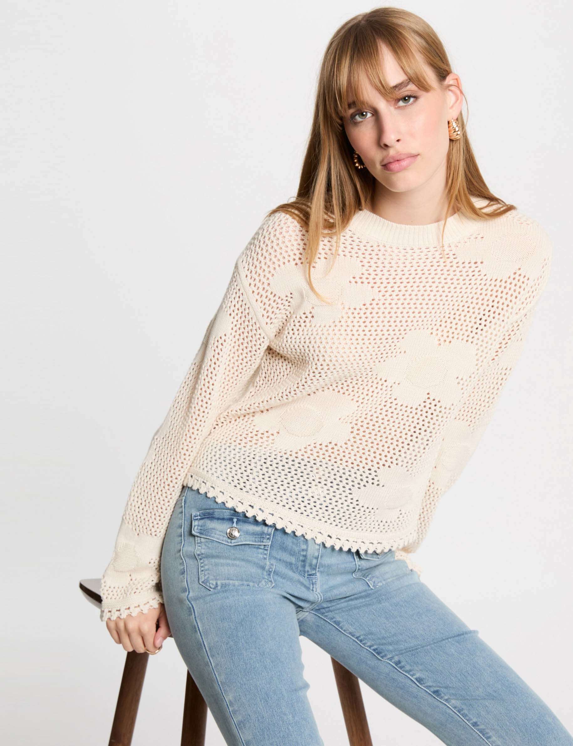 pull col rond ajoure ivoire femme Pull col rond ajouré ivoire femme