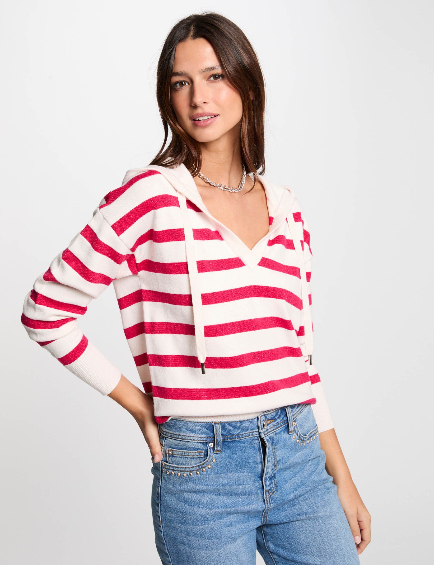 pull col en v a capuche violet femme Pull col en V à capuche violet femme