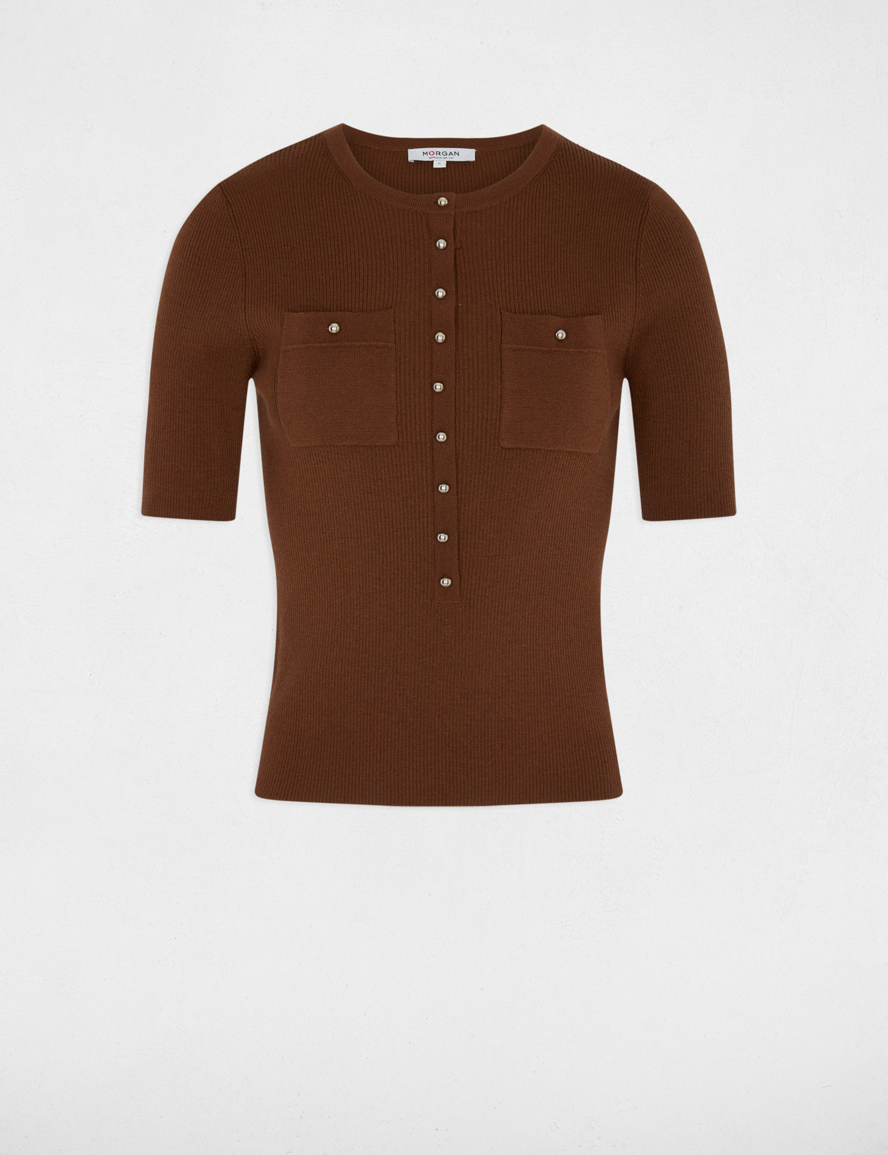 Short-sleeve round-neck sweater chocolate brown women