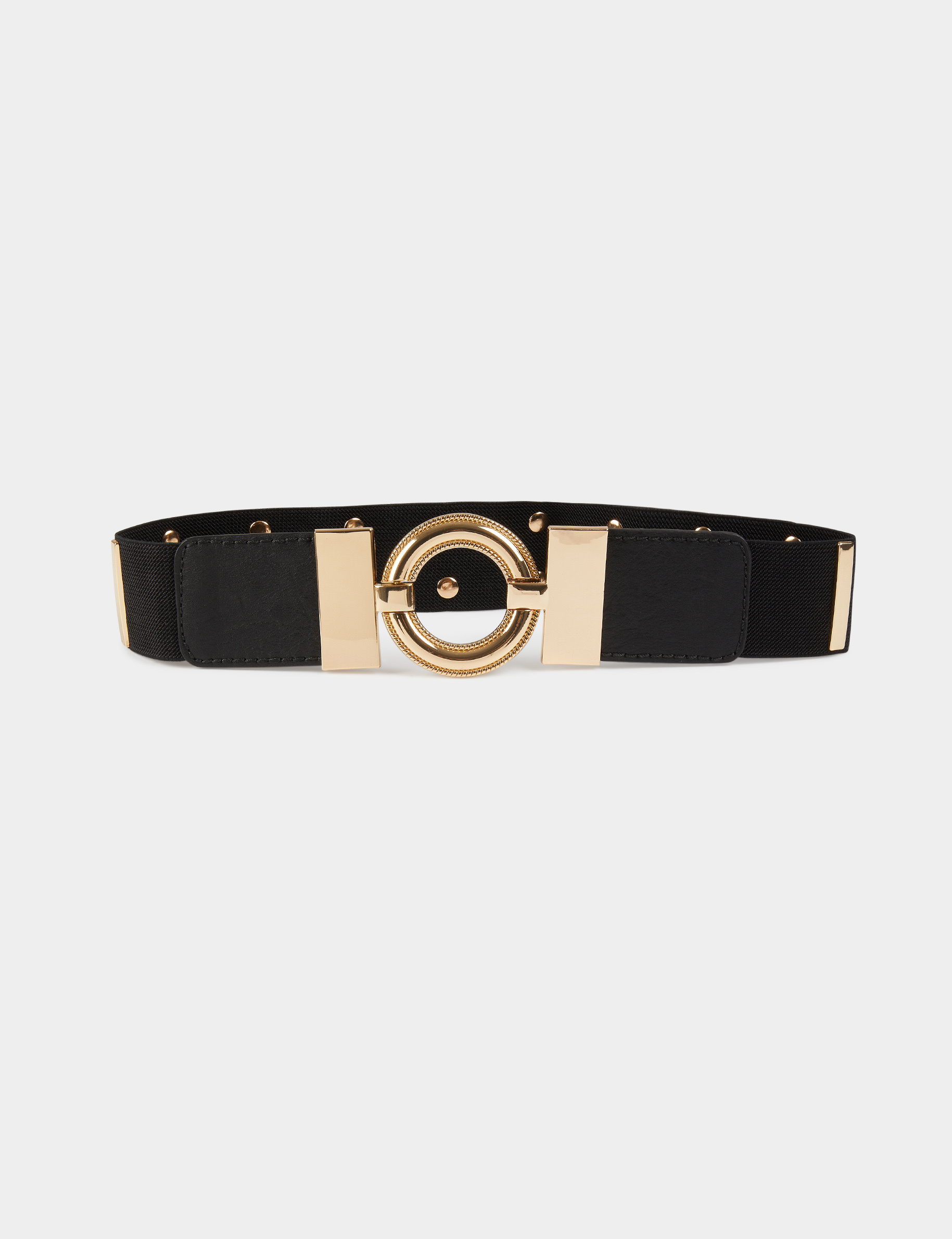 Elasticised belt with round buckle black ladies'