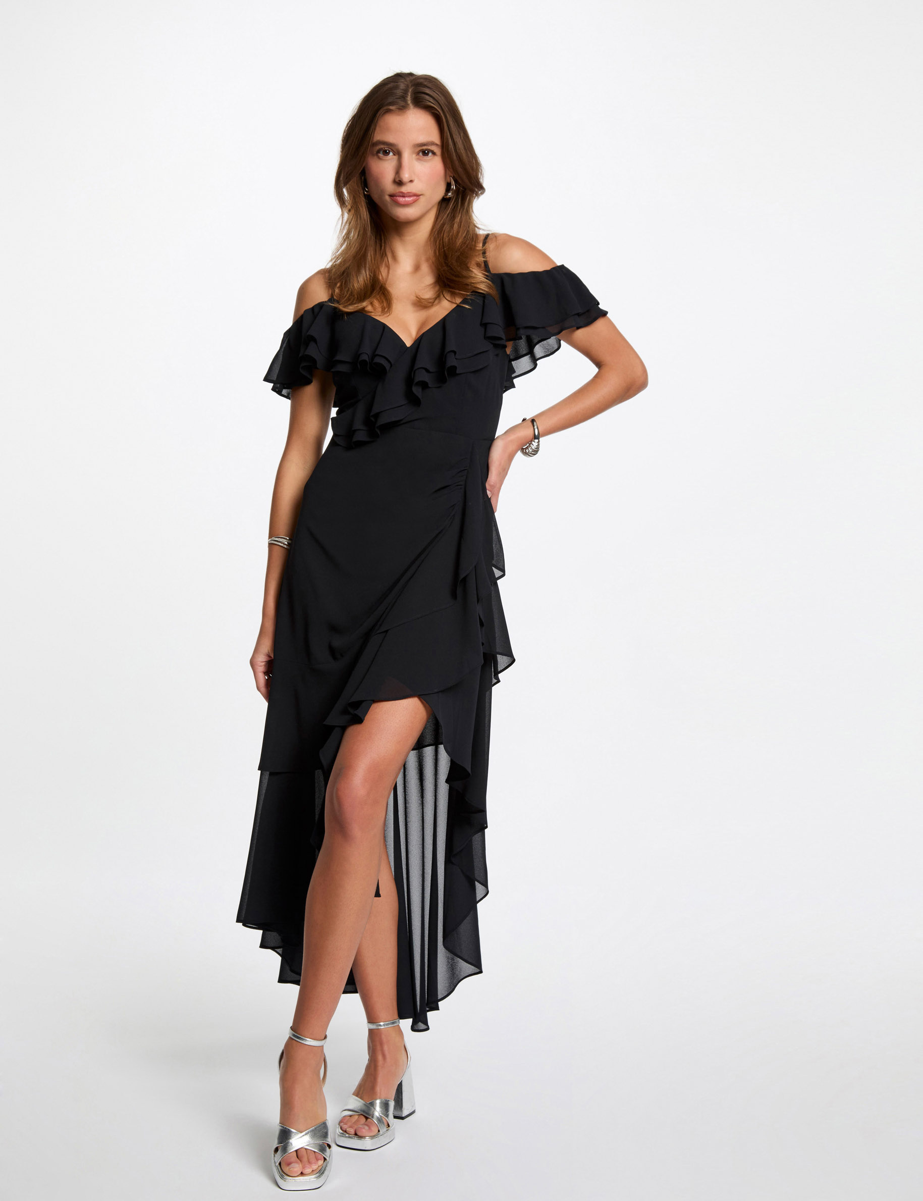 straight midi dress ruffles navy blue women Straight midi dress ruffles navy blue women
