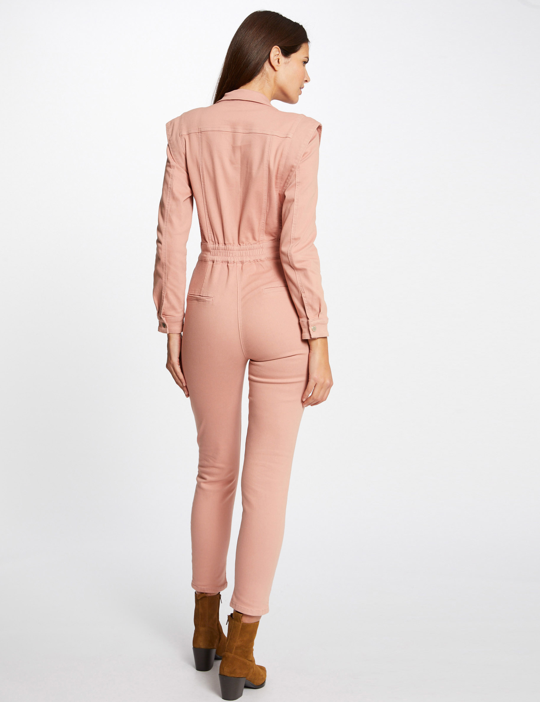 Fitted jumpsuit notched lapel collar antique pink ladies'