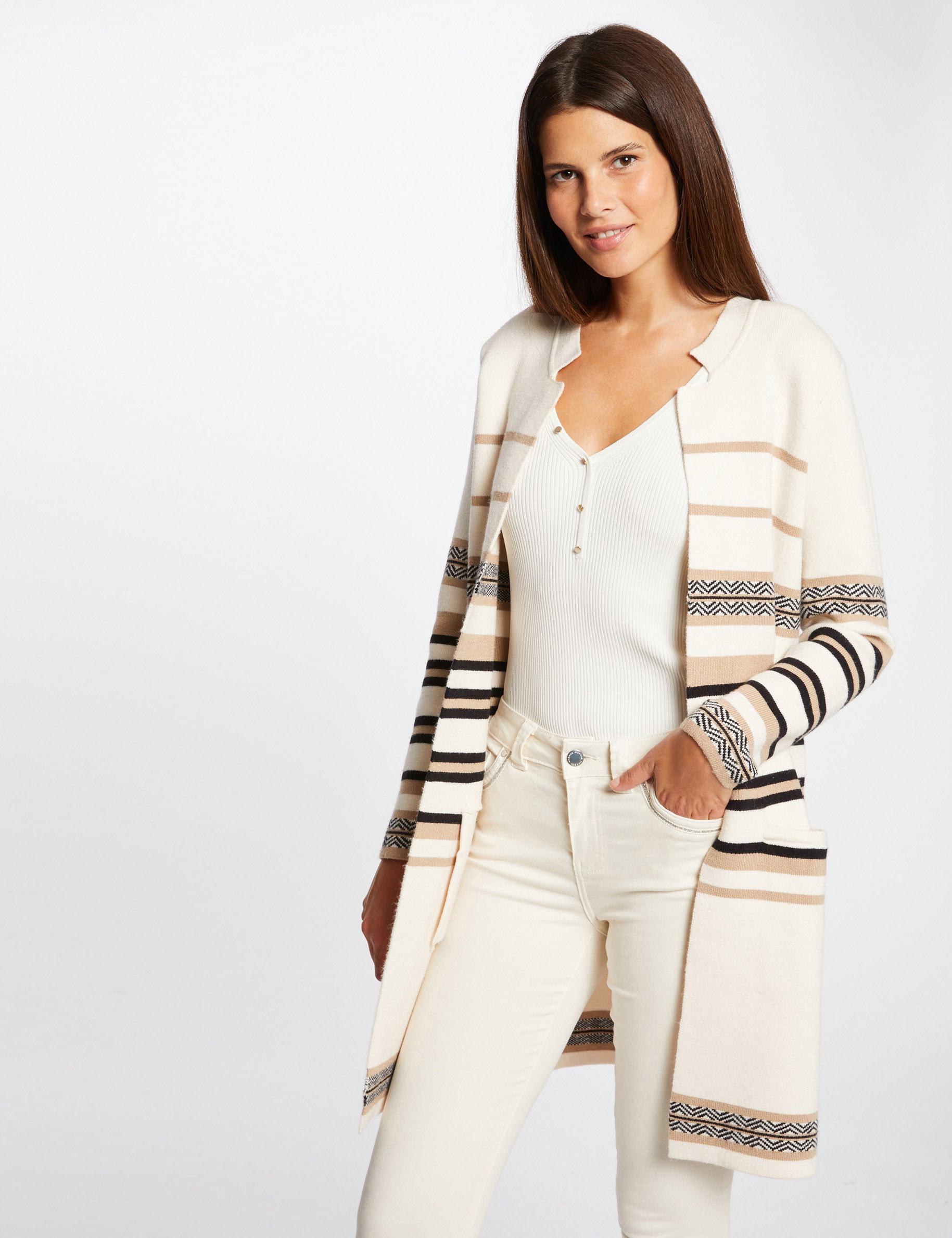 Long-sleeved cardigan with stripes beige ladies' | Morgan