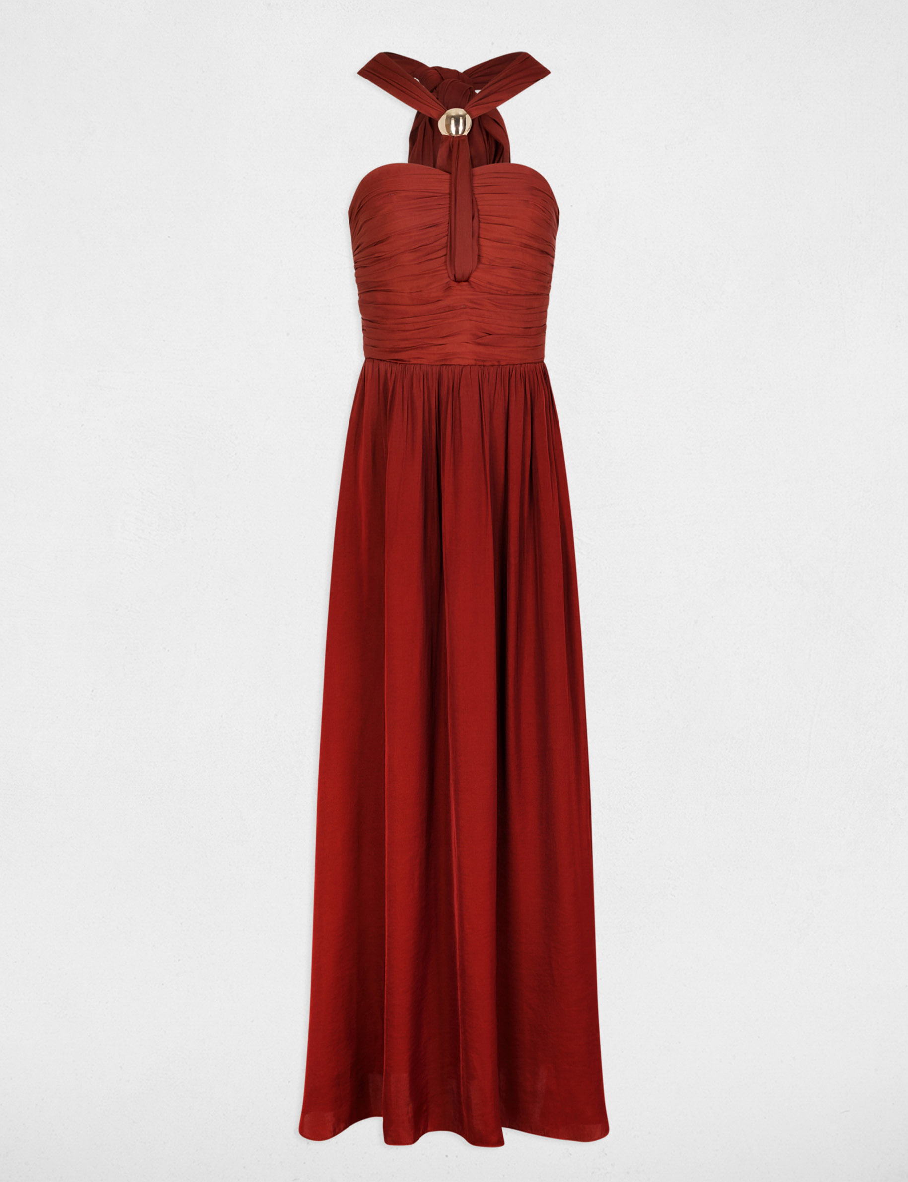 Long dress with tied neck cognac brown women
