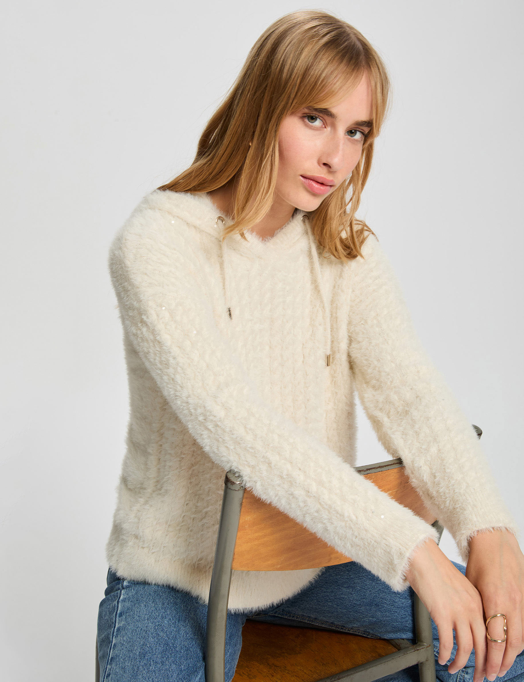 Sequin hoodie sweater ivory women