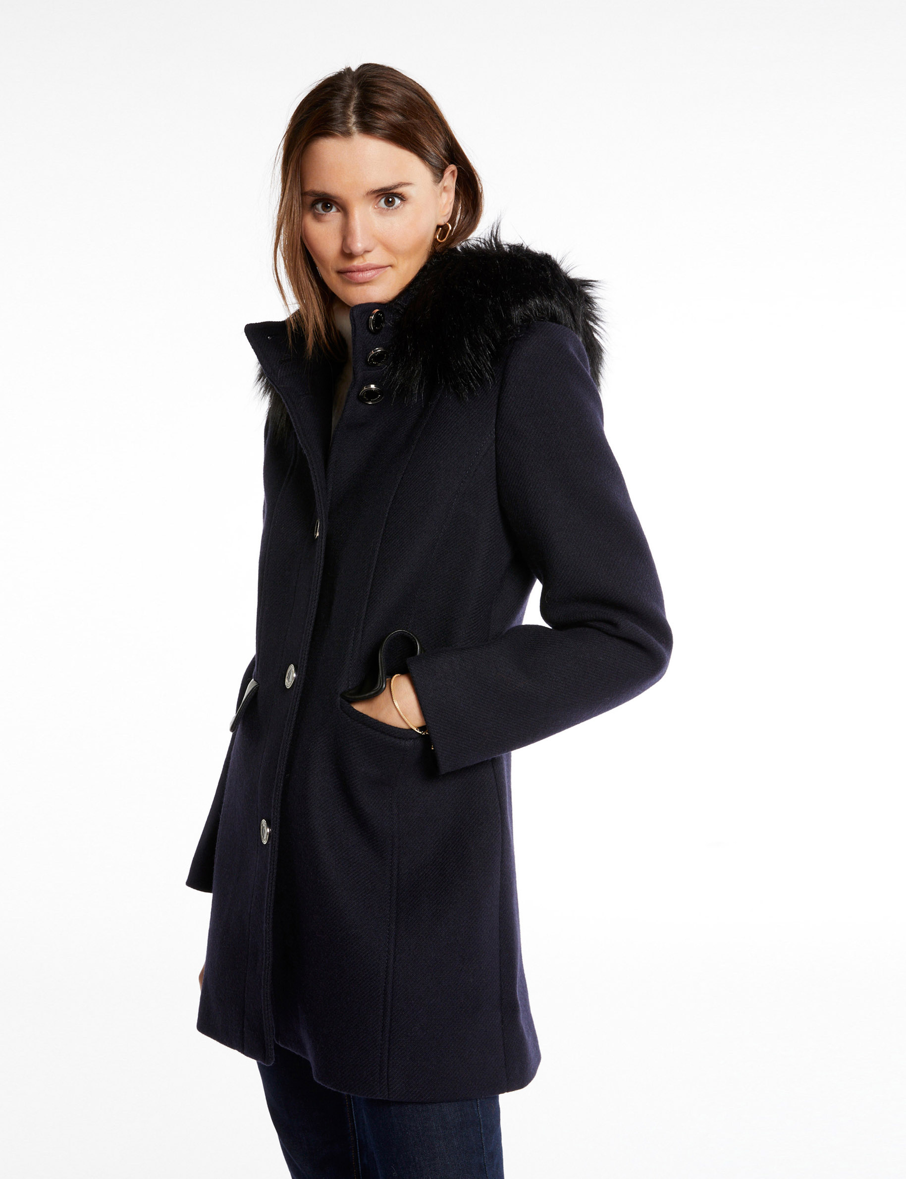 Long coat faux leather details navy ladies'